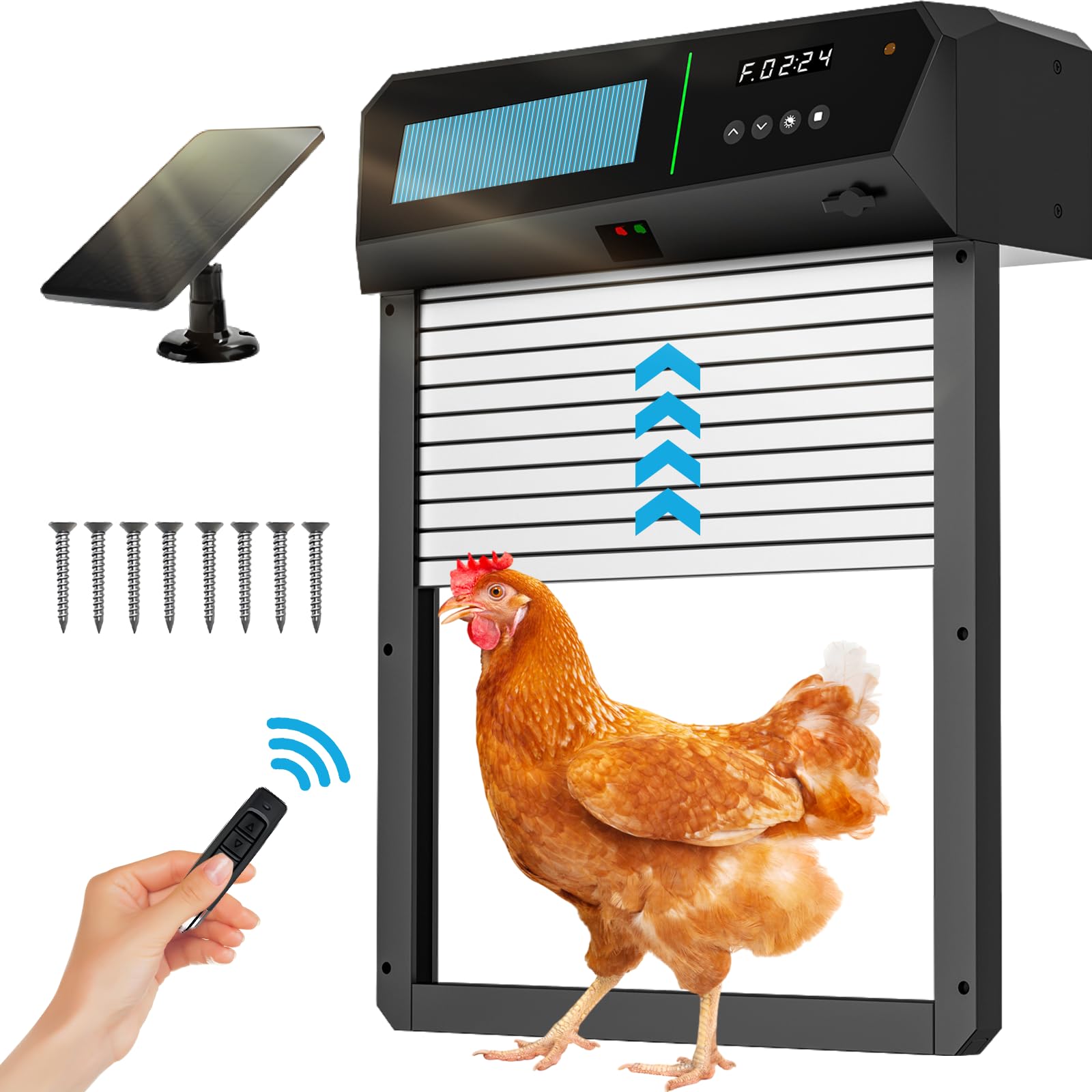 Solar Powered Automatic Chicken Coop Door with Timer & Light Sensor - Aluminum Coop Door with LCD Display, 100ft Remote Range, 4 Modes & Dual Solar Panels | Ideal for Poultry Farming, Backyard Chicken Coops & Small Livestock Protection