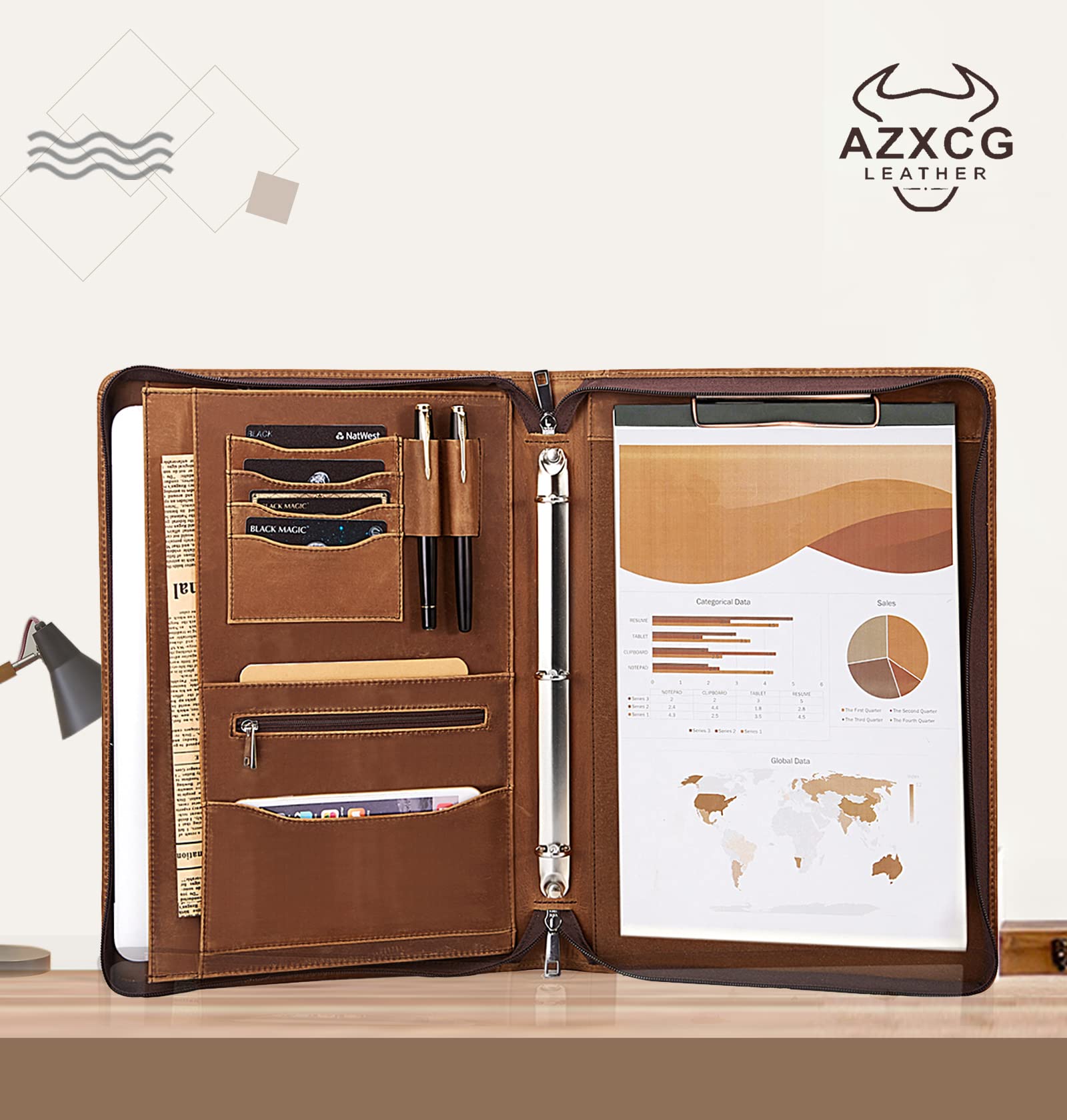 Personalized Leather Portfolio 3-Ring Binder with Zipper - Fits 13.3