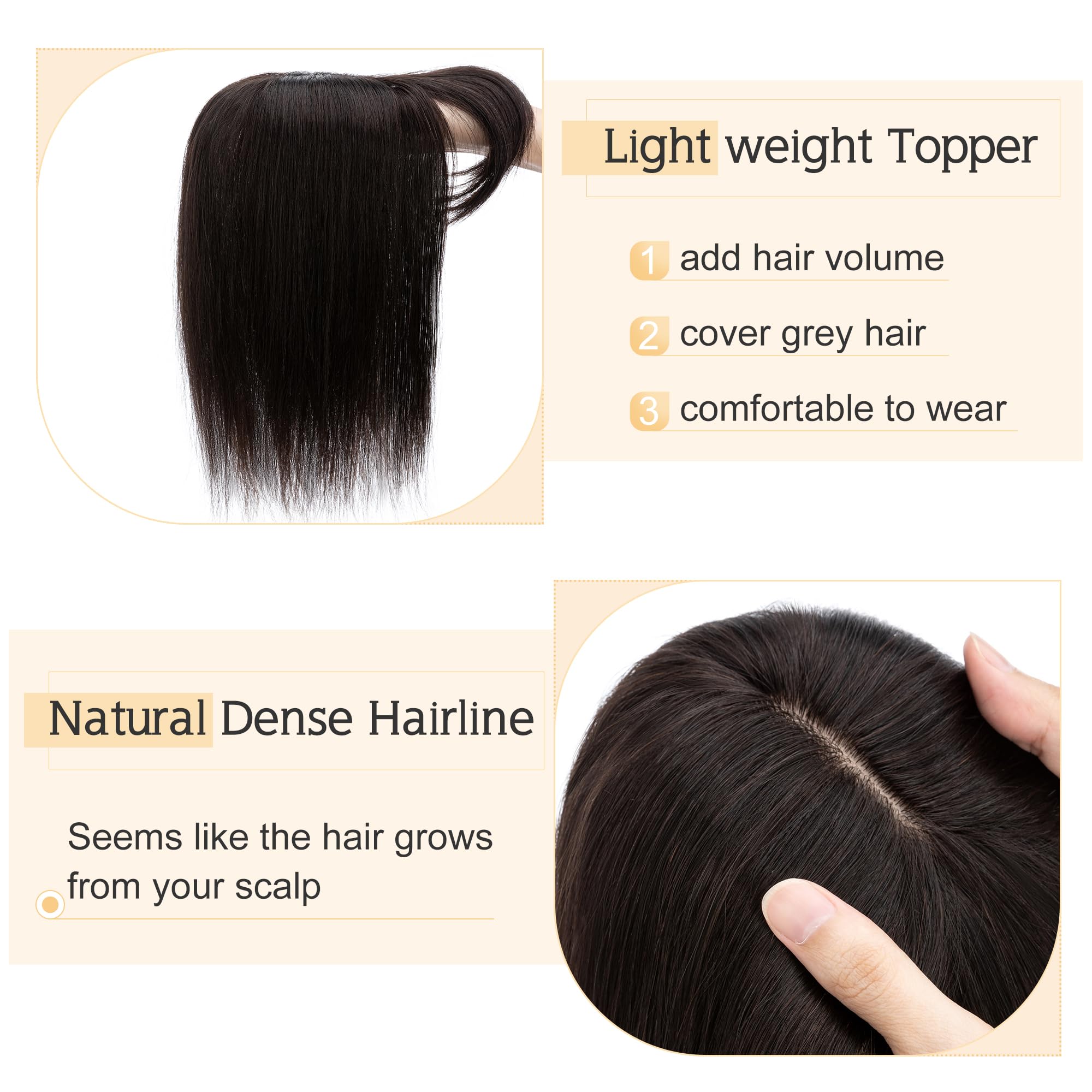 SEGO 100% Remy Human Hair Topper with Bangs - 7x13cm Silk Base Clip-in Top Wiglet for Thinning Hair - 18