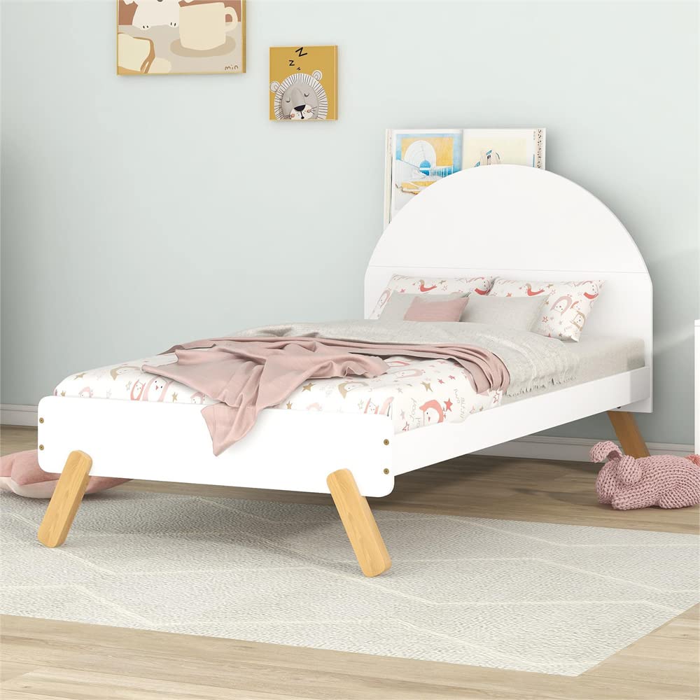 Twin Size Wood Platform Bed Frame with Shelf Behind Headboard - No Box Spring Needed - White - Perfect for Kids Bedroom, Teen Room & Small Spaces
