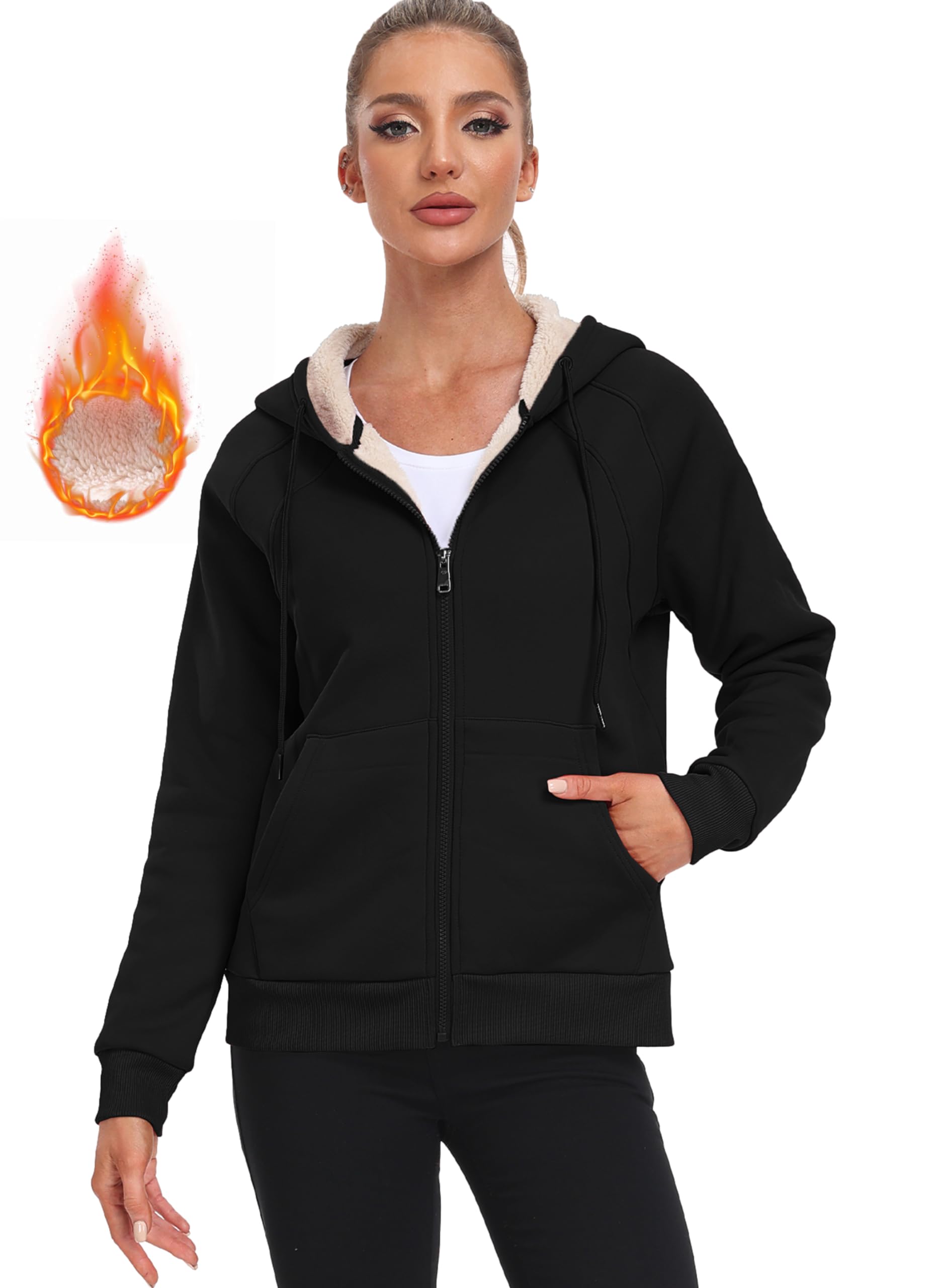 MoFiz Women's Fleece Zip Up Hoodie - Warm Sherpa Lined Winter Jacket with Pockets | Cozy Pullover Sweatshirt for Casual Outfits, Outdoor Activities & Lounge Wear
