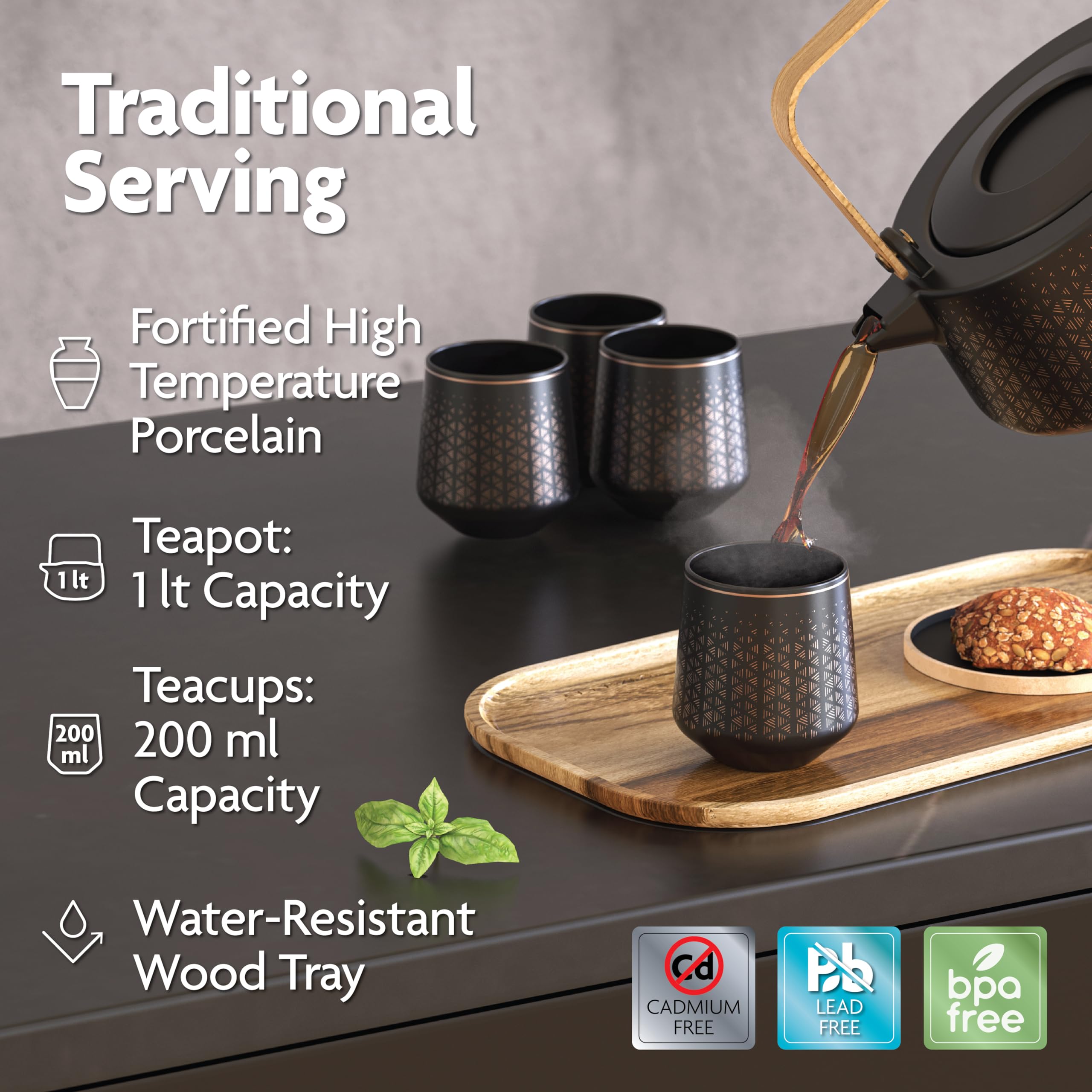 Premium Electric Tea Kettle with Infuser - Ceramic Teapot & Cups Set with Wooden Tray - Perfect for Loose Leaf Tea Brewing - Ideal Gift for Tea Lovers - Home & Office Tea Ceremony Set