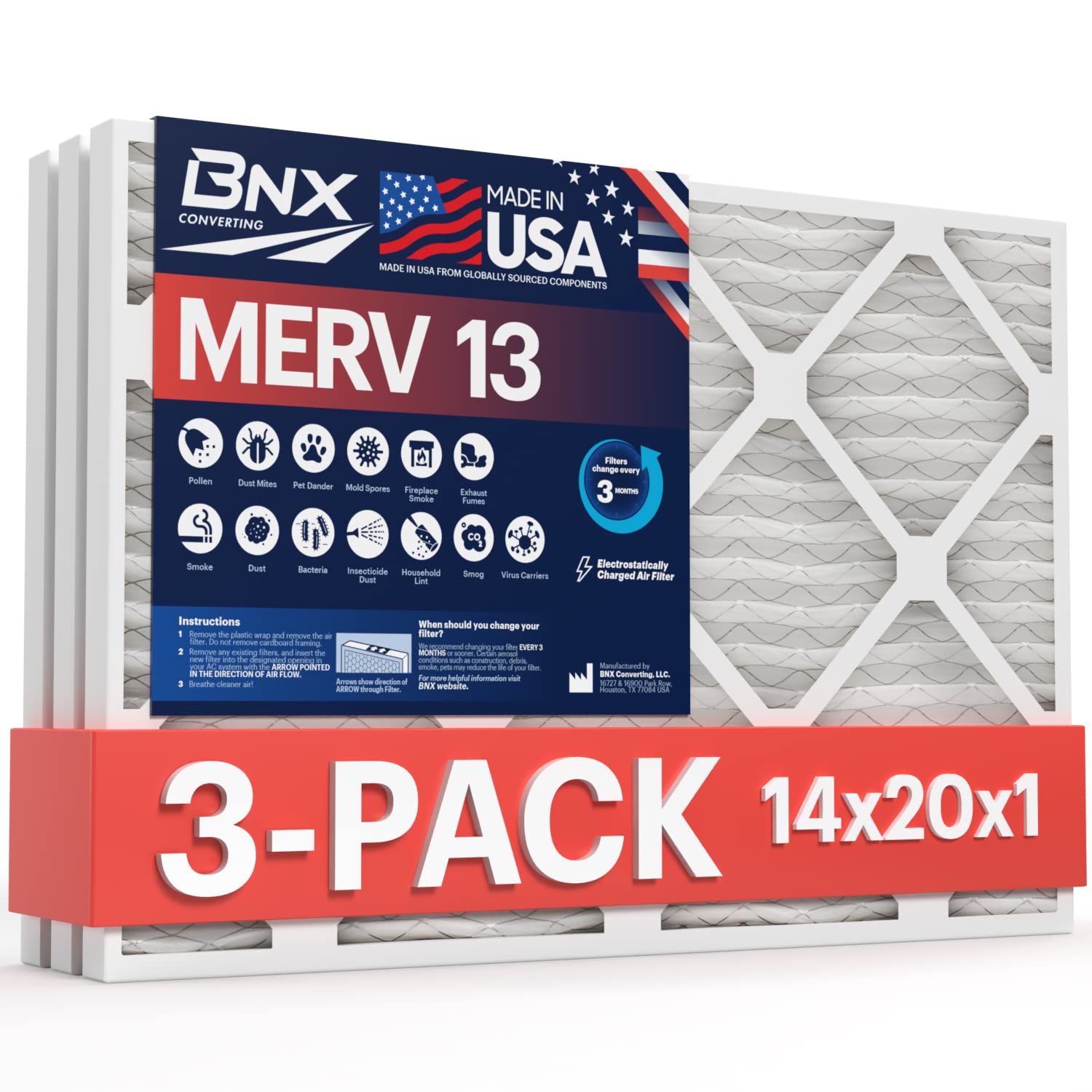 BNX 14x20x1 MERV 13 Air Filter 3-Pack | Electrostatic Pleated HVAC Furnace & AC Filters | Traps Pollen, Mold, Dust, Bacteria | Made in USA | Ideal for Home, Office & Allergy Relief