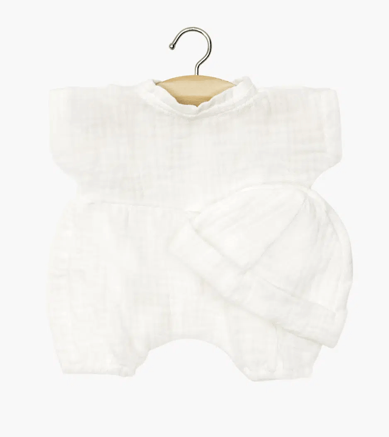 Minikane White Cotton Gauze Noa Romper and Hat Set with Pouch - Soft Baby Outfit for Newborns, Infants & Baby Dolls - Perfect for Photoshoots, Gifts & Nursery Decor