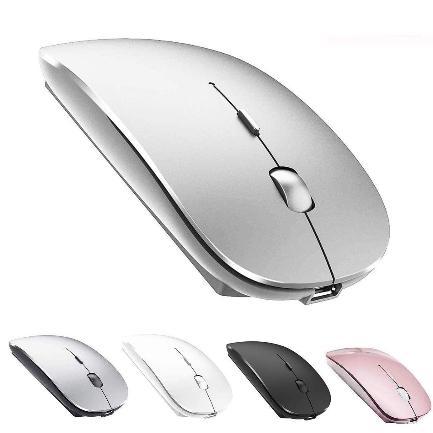 Rechargeable Bluetooth Wireless Mouse for MacBook Pro/Air, Laptop, PC, iPad Pro - Bluetooth 5.2/3.0 & 2.4G USB Receiver (Silver) | Perfect for Office Work, Travel & Home Use
