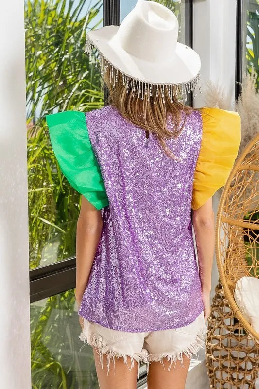 BiBi Mardi Gras Color Block Organza Sleeve Sequin Top | Women's Party Blouse | Perfect for Carnival, Festivals & Night Out