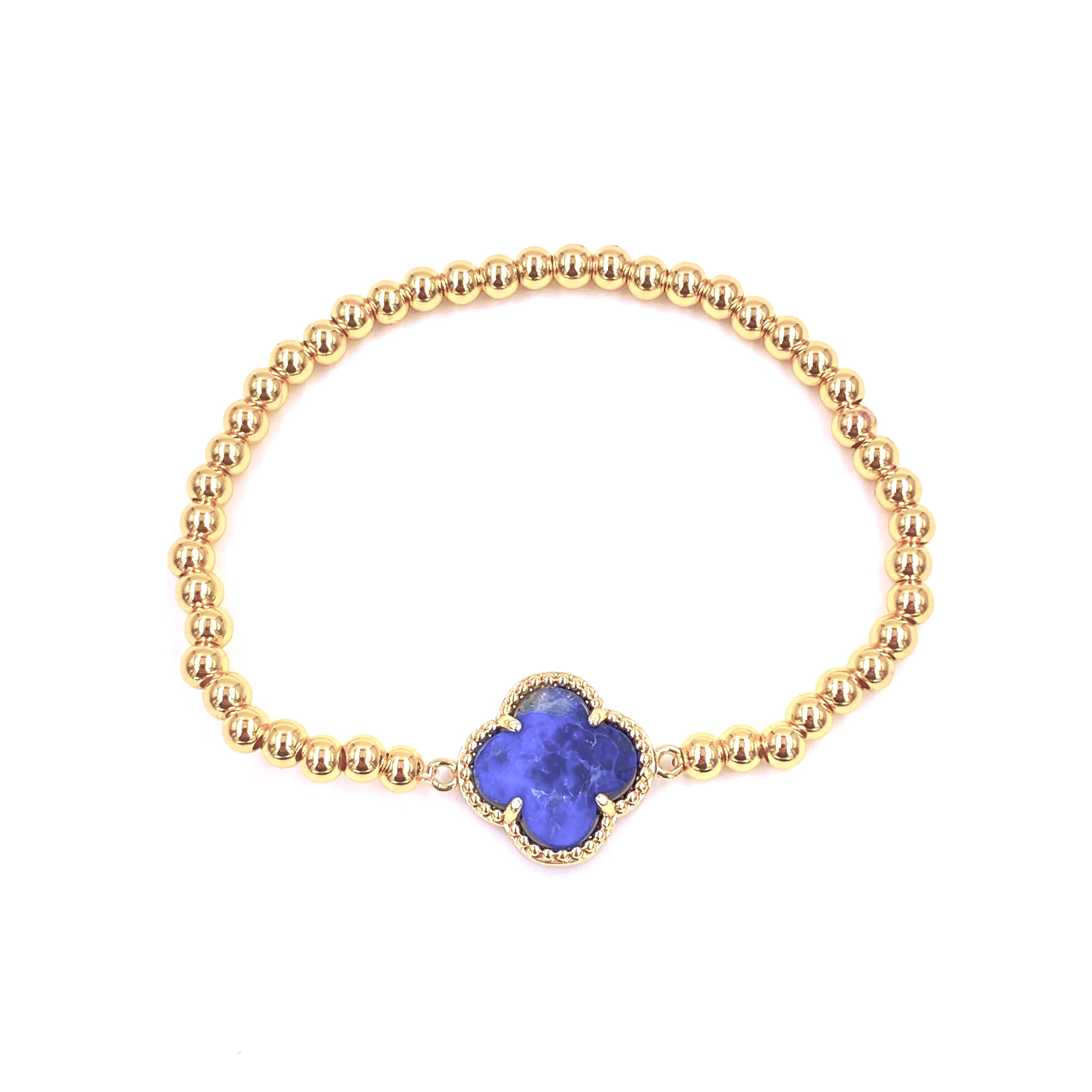 Ashley Gold Stainless Steel Gold Plated Semi-Precious Clover Ball Beaded Stretch Bracelet for Women - Perfect for Parties, Weddings & Everyday Wear