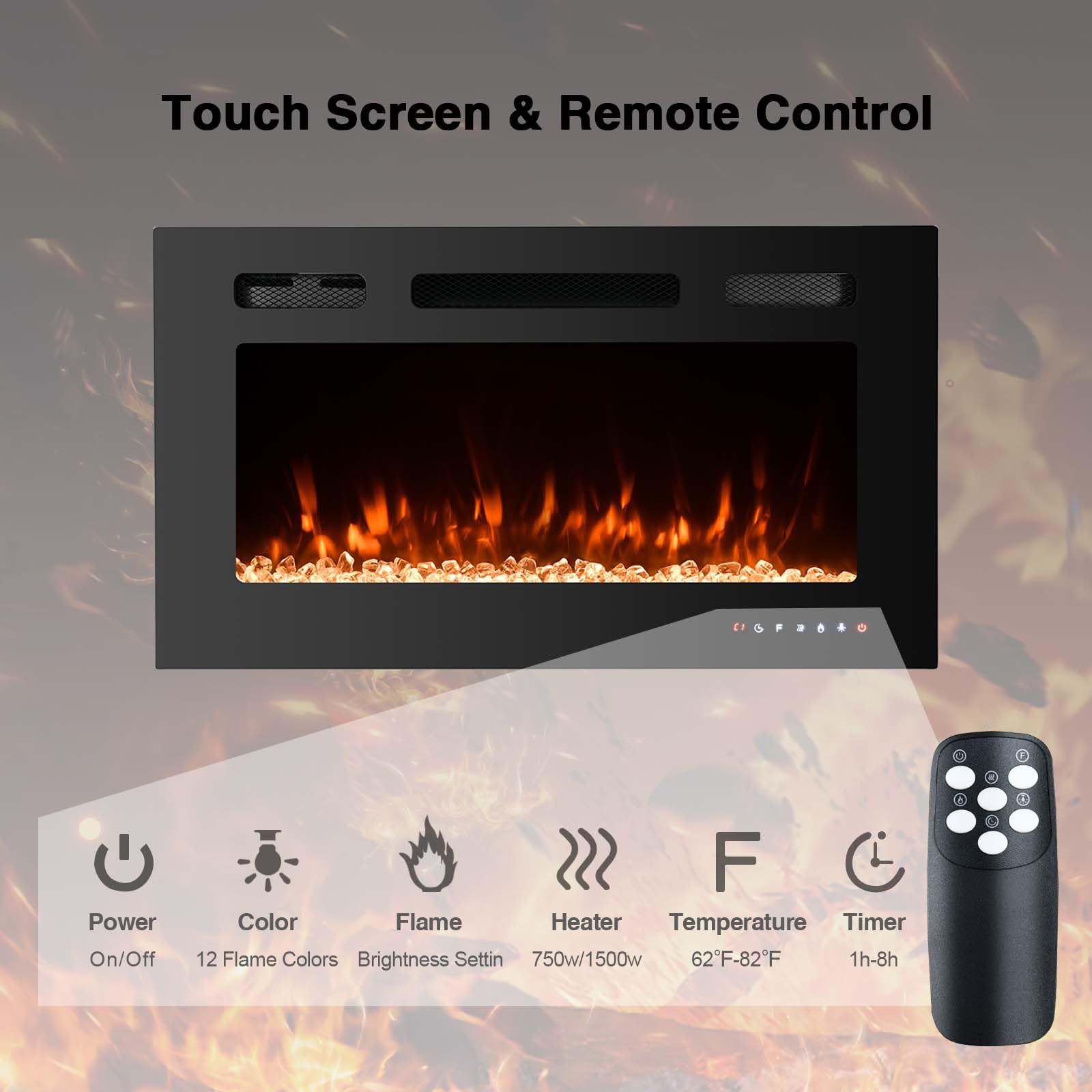 36 Inch Recessed Electric Fireplace Insert - Wall Mounted LED Fireplace with Logs & Crystal, 750W/1500W - Quiet Linear Fireplace for Living Room, Bedroom & Office - Perfect for Home Decor & Winter Heating