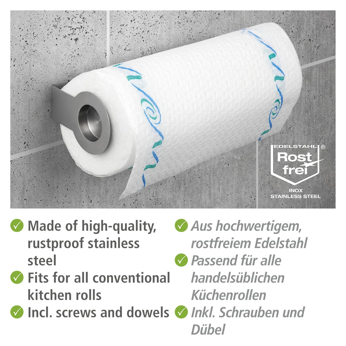 Wenko Cerri 2318100 Stainless Steel Kitchen Paper Towel Holder - Perfect for Countertop Organization in Modern Kitchens