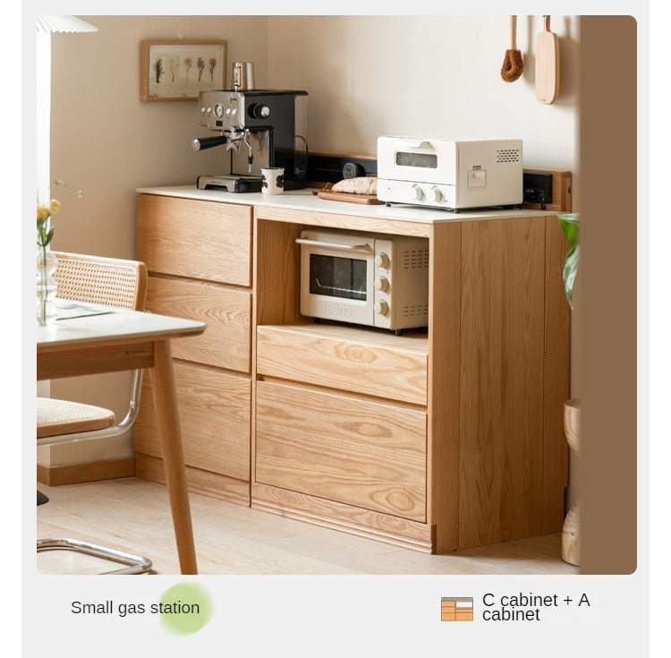 Solid Oak Wood Sideboard Buffet Cabinet - Multi-Functional Storage Locker with Drawers & Shelves for Dining Room, Living Room, and Entryway Organization