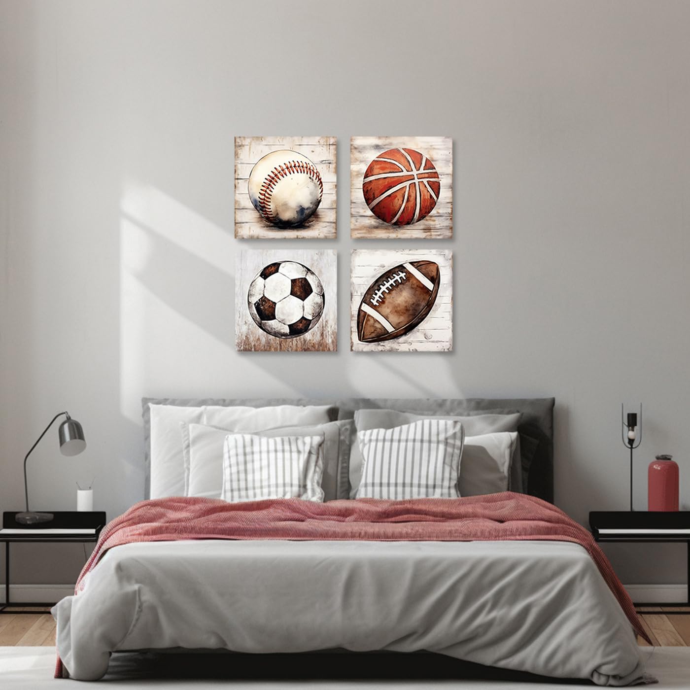 Boys Sports Wall Decor - 4 Panels Basketball Football Rugby Baseball Canvas Art for Kids Room & Game Room (12x12inch)