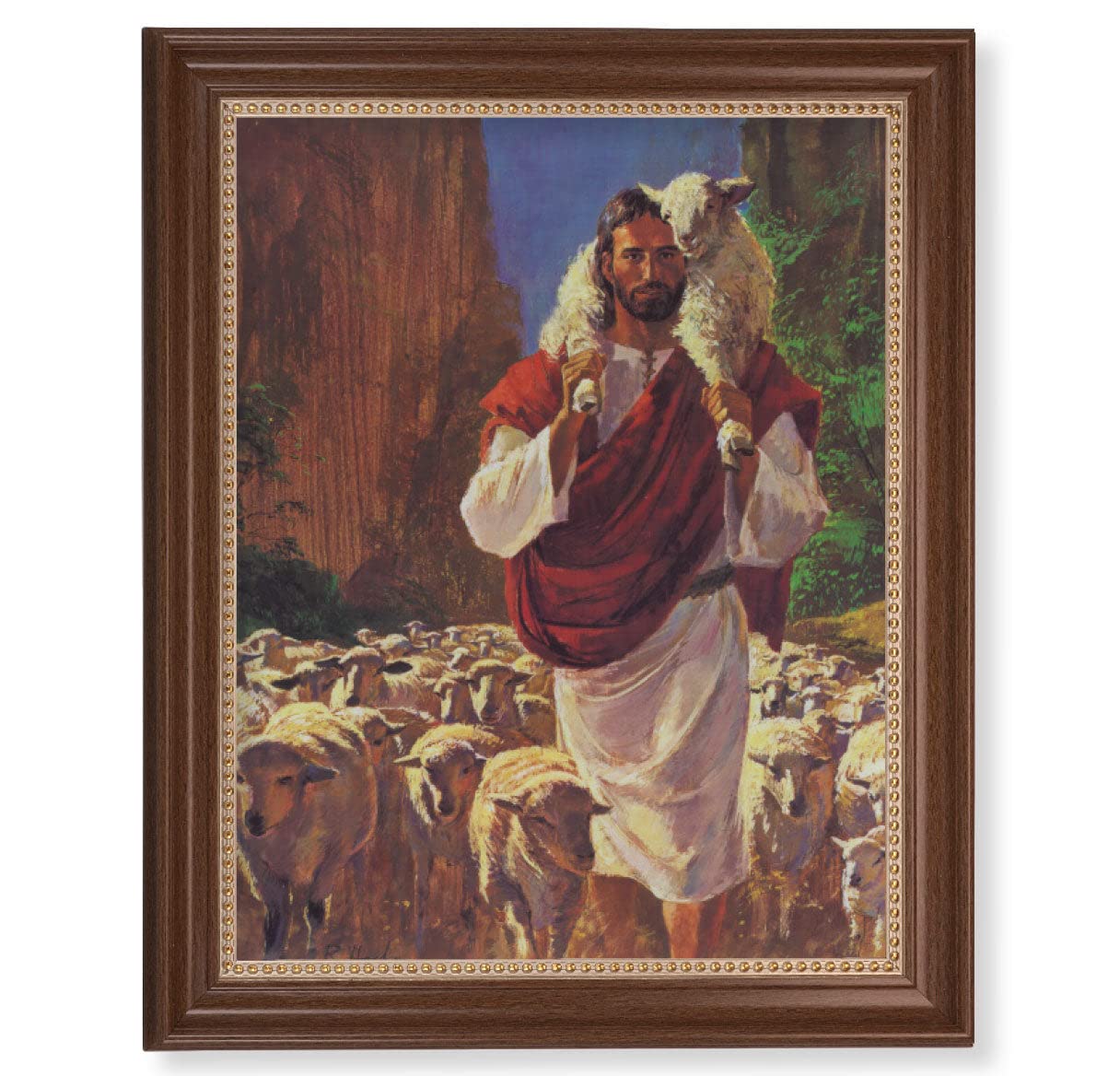 The Good Shepherd Framed Wall Art - Extra Large Classic Dark Walnut Finish with Gold Beaded Edge - Religious Home Decor for Living Room, Bedroom & Church
