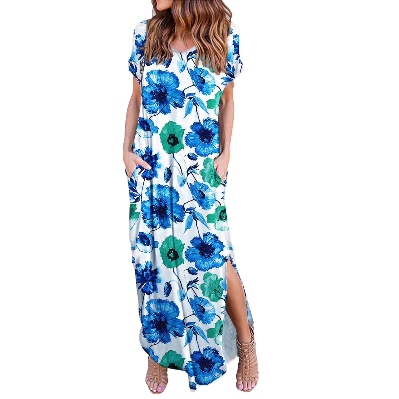 OSTELY Women's Floral Print Short Sleeve V-Neck Maxi Dress with Slit Pockets - Casual Summer Long Dress for Beach, Vacation & Outdoor Activities