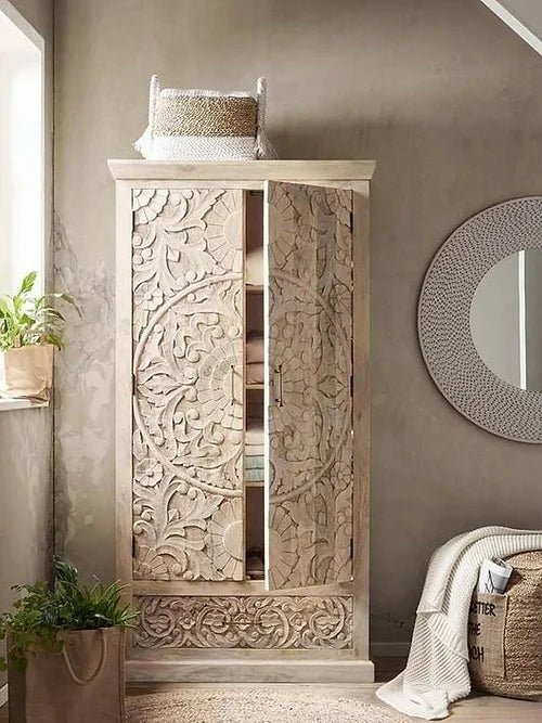 Hand Carved Antique White Wooden Armoire Closet - Vintage Wardrobe Storage for Bedroom, Living Room & Guest Room
