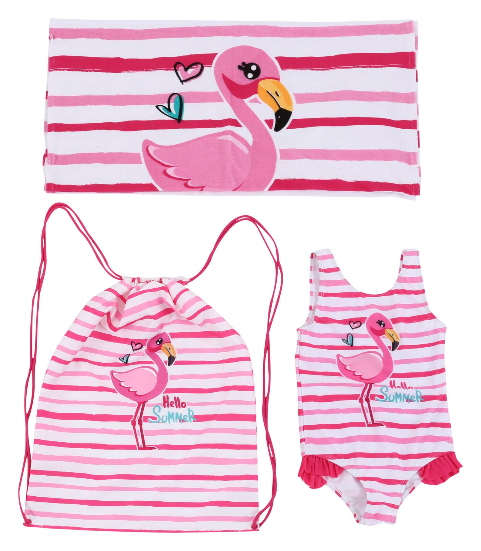 Flamingo Girls One Piece Swimsuit Set with Beach Bag & Towel - 3-Piece Toddler Bathing Suit for Pool, Beach & Summer Vacation