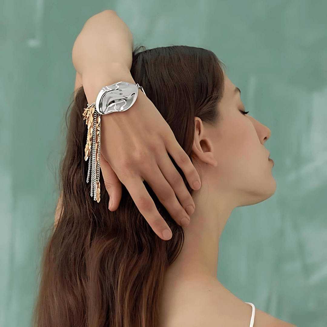 Exaggerated Metallic Two-Tone Leaf Statement Bracelet - Elegant Boho Jewelry for Women | Perfect for Parties, Weddings & Everyday Wear | R099