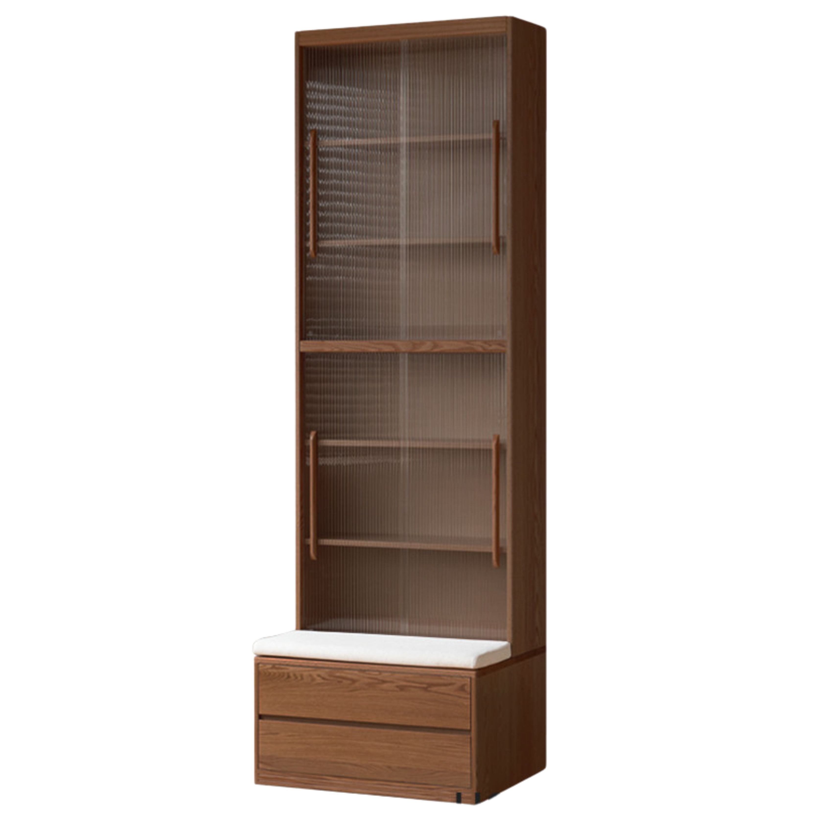 Solid Black Walnut Wood Wall-to-Wall Bookshelf with Built-in Seat - Modern Luxury Home Office & Living Room Storage Solution