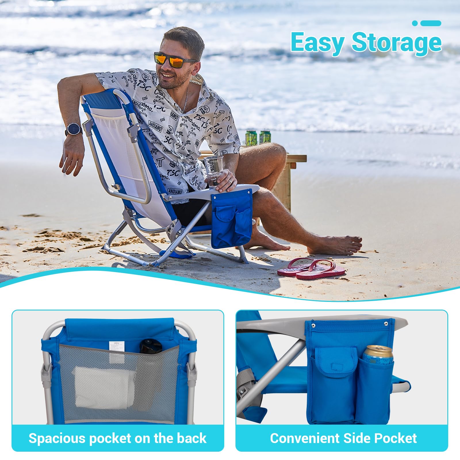 WEJOY 4-Position Folding Beach Chair for Adults - Lightweight Aluminum Frame with Shoulder Strap, Cup Holder & Padded Headrest - Supports 265lbs - Perfect for Beach, Poolside, Camping & Backyard Relaxation (Blue, 2-Pack)