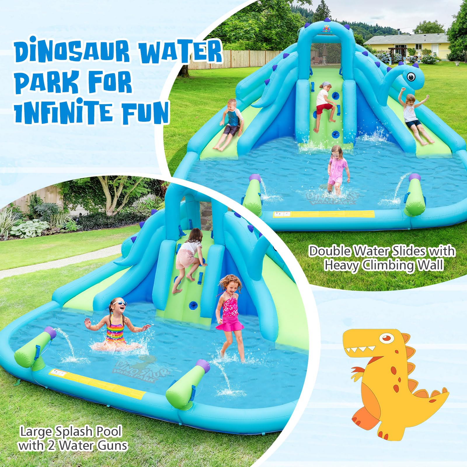 Dinosaur Inflatable Water Slide for Kids - BOUNTECH Mega Waterslide Park with Dual Racing Slides, Climbing Wall & Blower | Outdoor Backyard Water Play for Summer Parties, Birthday Gifts & Family Fun