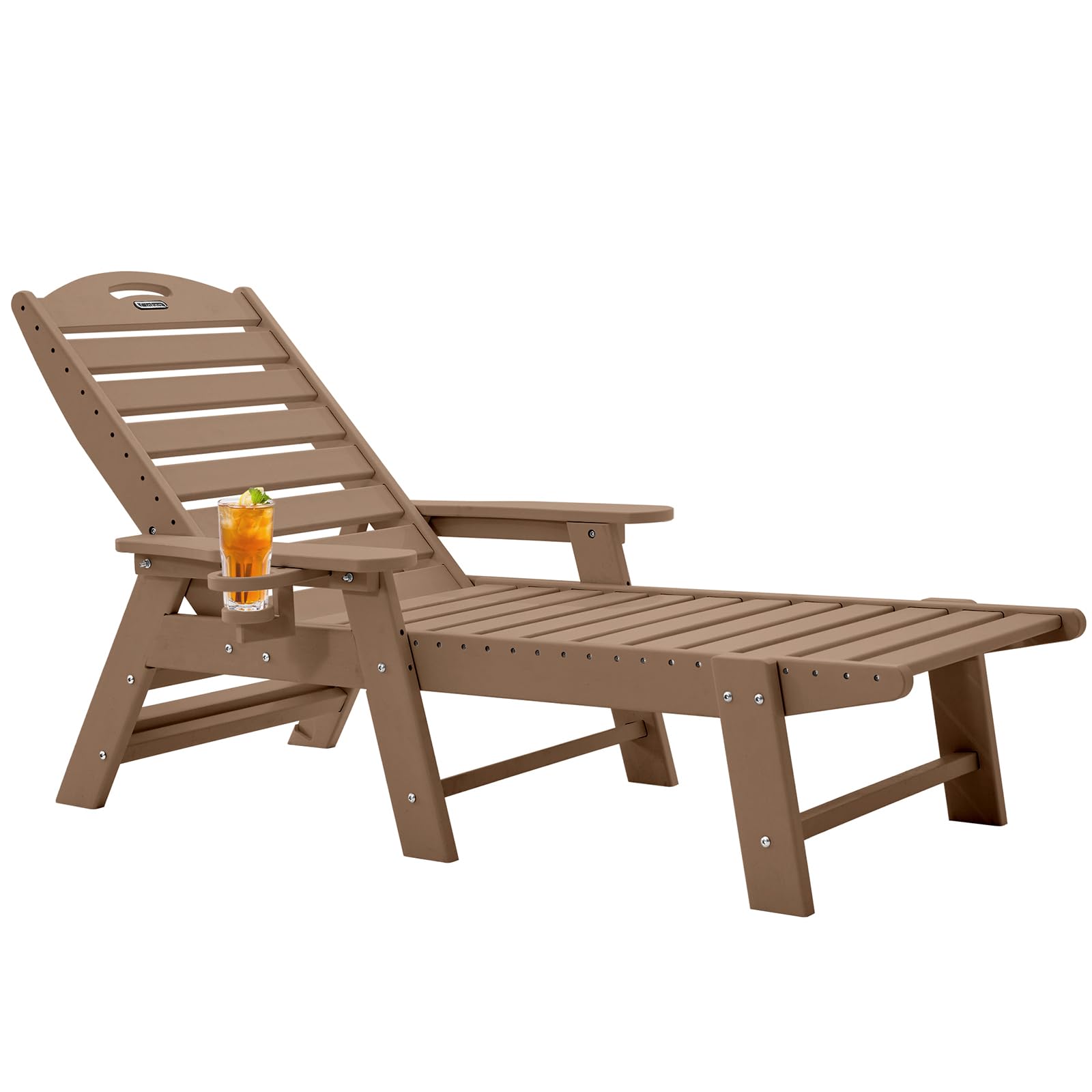 Outdoor Chaise Lounge Chair - 6-Position Adjustable HDPE Patio Lounge with Cup Holder for Poolside, Deck, Backyard & Lawn - Durable Teak Wood Design