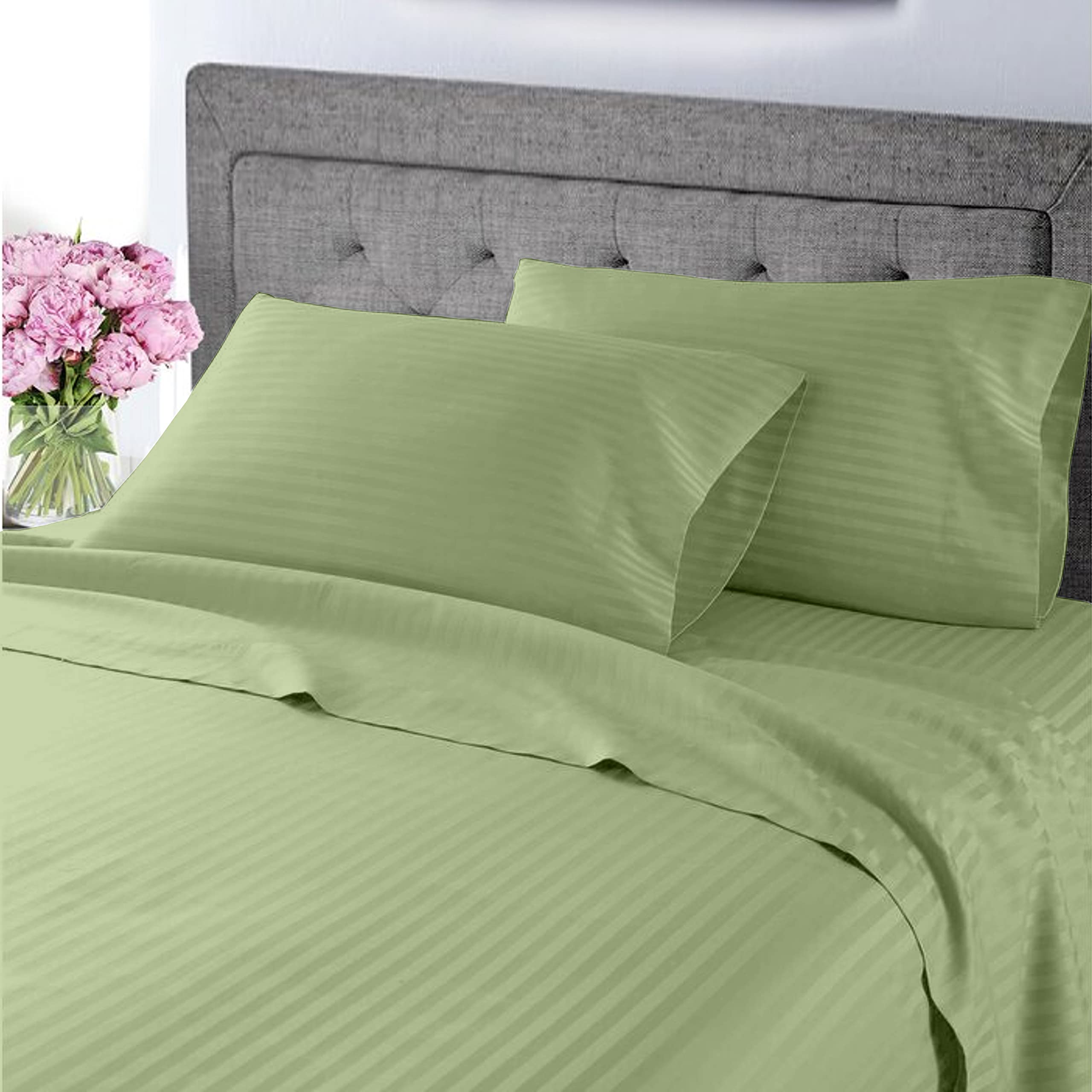 100% Certified Giza Cotton Pillowcase & Sheet Set - Queen Size Egyptian Cotton, Soft Sateen Weave, Breathable Fabric, Fits 15-Inch Deep Pocket Mattress - Sage Stripe - Perfect for Luxury Bedding & Hotel-Style Comfort