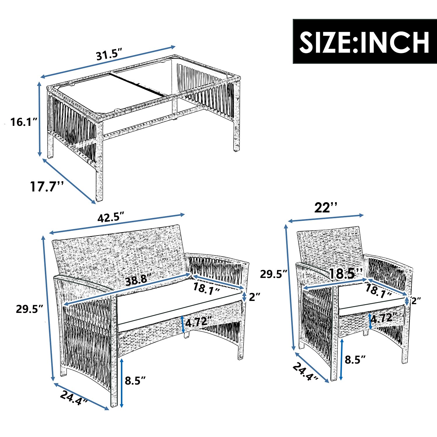 8-Piece Outdoor Rattan Patio Furniture Set - Wicker Sofa, Chairs & Table for Garden, Backyard, Porch & Poolside (Gray) - Perfect for Relaxing, Entertaining & Outdoor Dining