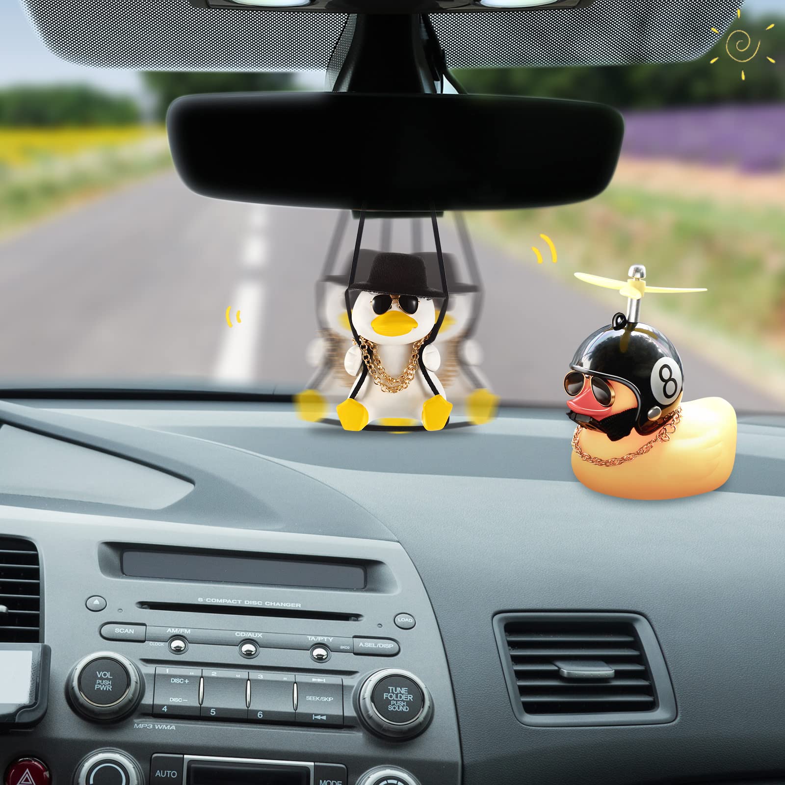 2 Pack Swinging Duck Car Hanging Ornament - Rubber Duck Dashboard Decor with Propeller Helmet - Fun Rear View Mirror Pendant for Car Accessories - Yellow Duck Car Charm (Chain Style) - Perfect for Gifts, Car Lovers & Vehicle Decoration