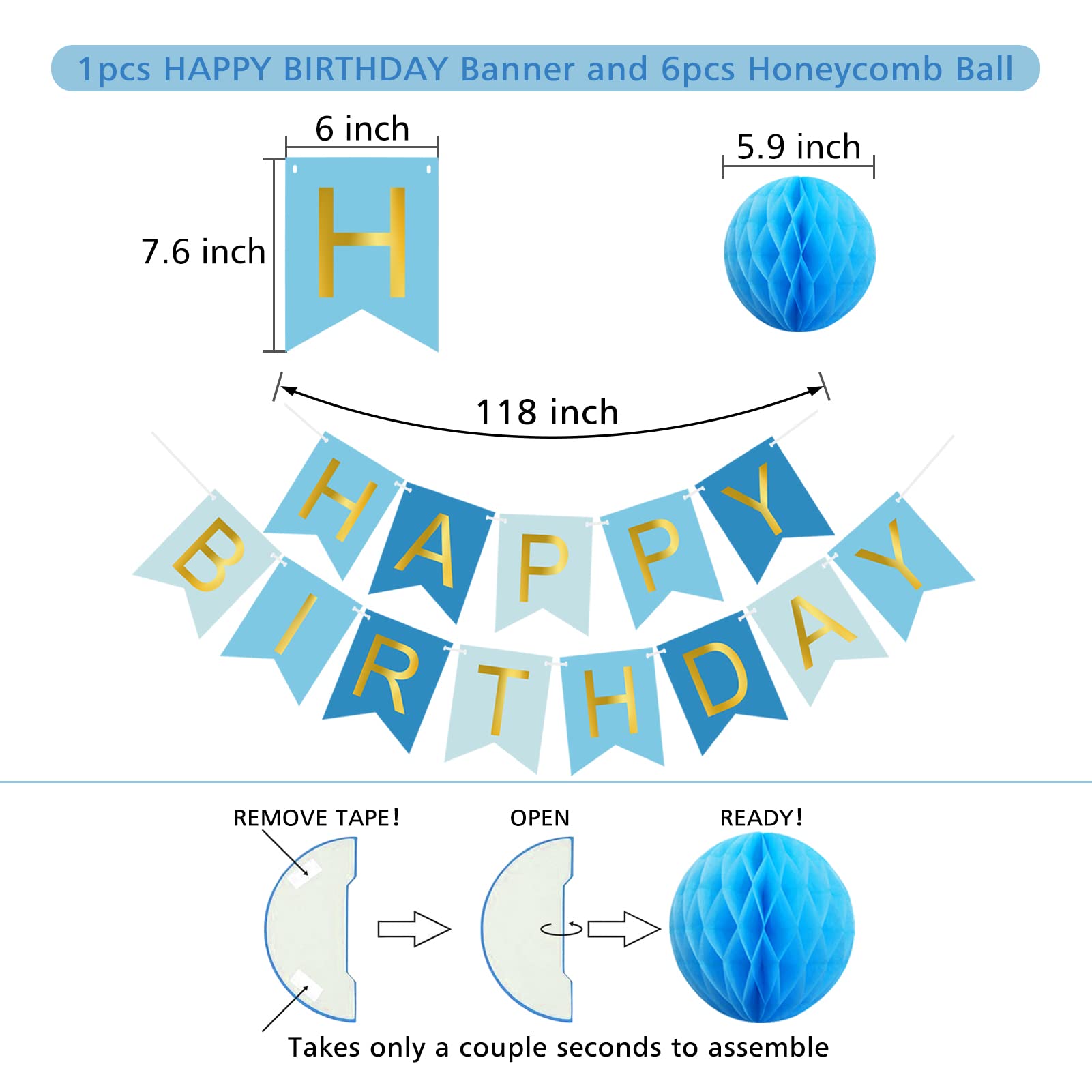 Blue Birthday Party Decorations Set - Happy Birthday Banner, Paper Honeycomb Balls, Circle Garland & Hanging Swirls for DIY Home Decor | Perfect for Birthday Celebrations, Baby Showers & Anniversary Parties