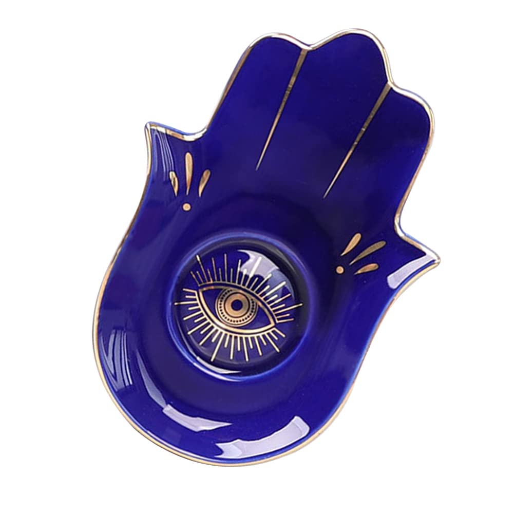 HEALLILY Ceramic Jewelry Dish - Buddha Hand Ring Holder & Evil Eye Tray for Earrings, Bracelets, Necklaces - Blue Jewelry Organizer & Key Bowl for Bedroom, Bathroom, Dresser Display