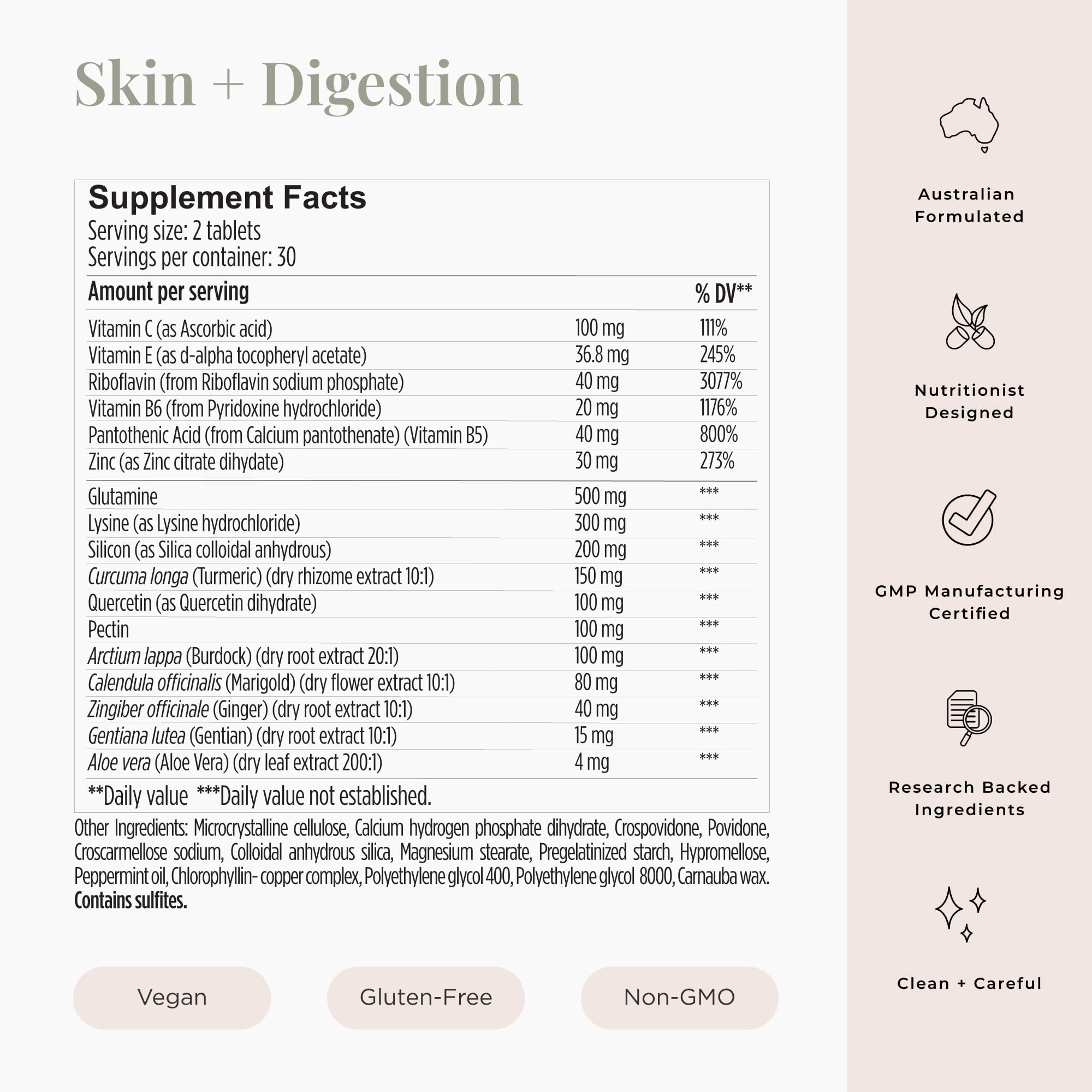 JSHealth Vitamins Skin and Digestion Formula - Zinc Supplement with Burdock & Turmeric for Clear Healthy Skin | Acne Treatment for Teens & Adults | Supports Gut Health & Glowing Complexion | Perfect for Daily Wellness Routine (60 Tablets)