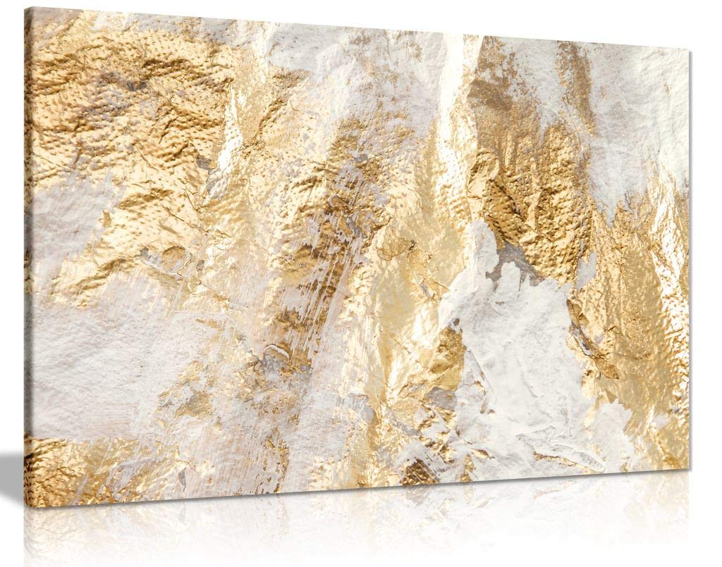 Modern White and Gold Brush Canvas Wall Art - 36x24 Inch Framed Picture Print for Living Room, Bedroom & Office Decor | Handmade Home Wall Decorations