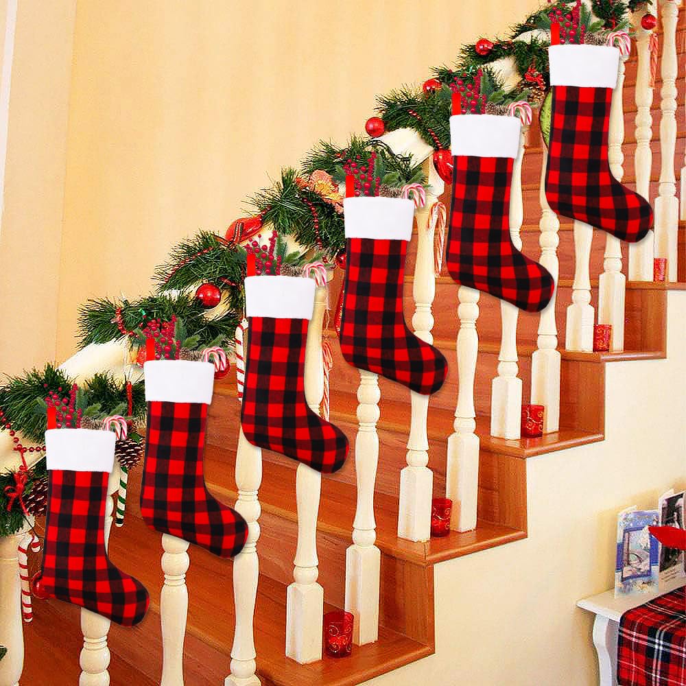 YUJUN 6 Pack 22 Inch Christmas Stockings - Large Buffalo Plaid Holiday Stockings in Black & Red for Fireplace, Tree & Party Decor | Perfect for Family Christmas Celebrations & Festive Home Decorations