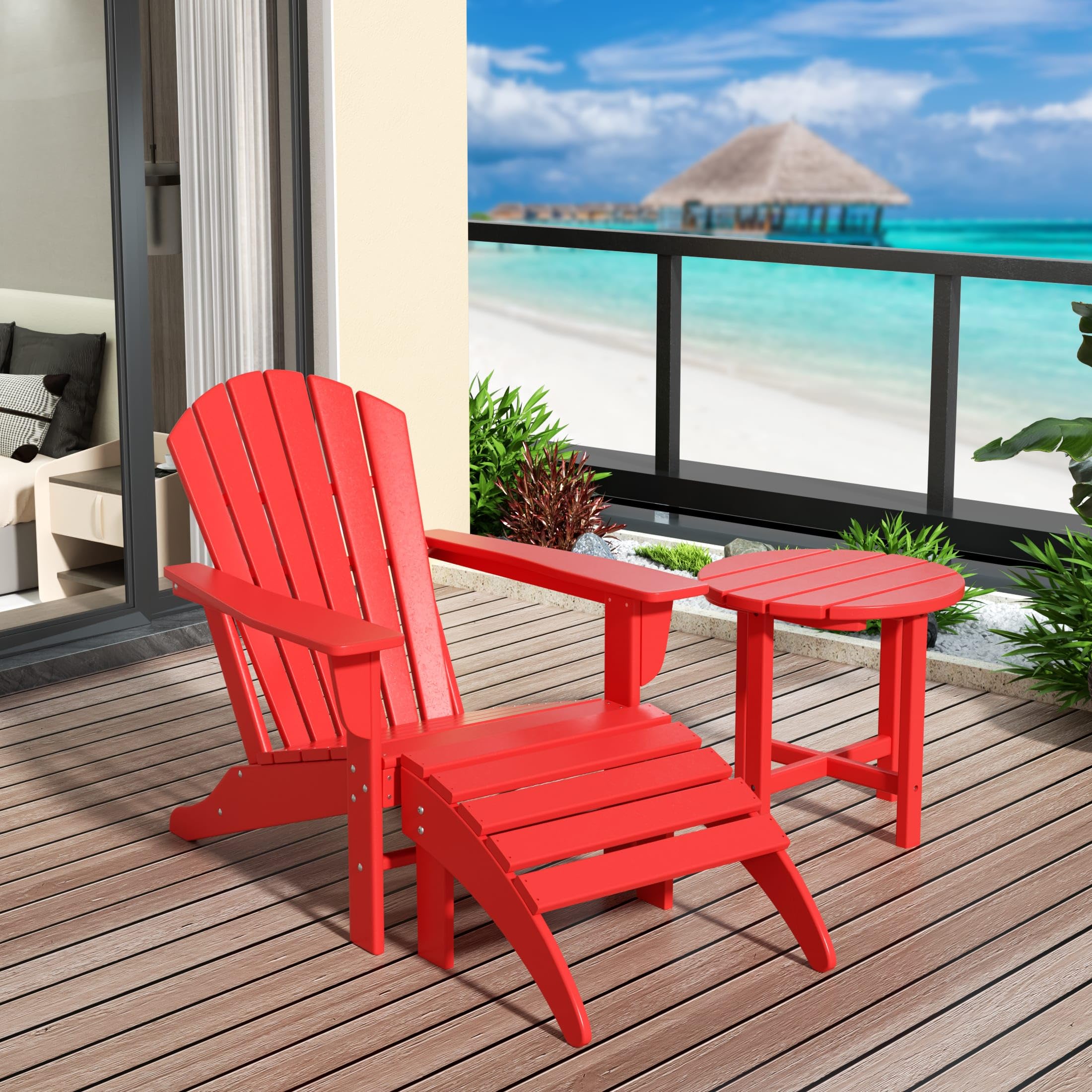 WestinTrends Dylan Outdoor Adirondack Chair Set with Ottoman & Side Table - 3-Piece Patio Furniture for Garden, Deck, Poolside - Durable Red Wooden Lounge Chairs for Relaxing Outdoors