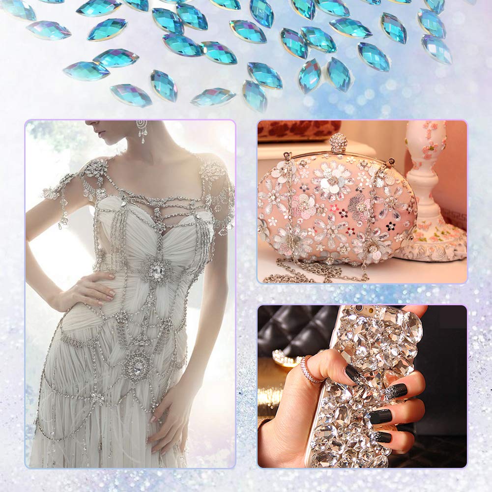 500Pcs Light Blue Crystal Rhinestones, 7mmx15mm Acrylic Flat Back Horse Eye Shape Gems for DIY Crafts, Clothing Decoration, Phone Embellishment, Scrapbooking & Nail Art - Perfect for Costume Design, Wedding Decor and Handmade Jewelry Making