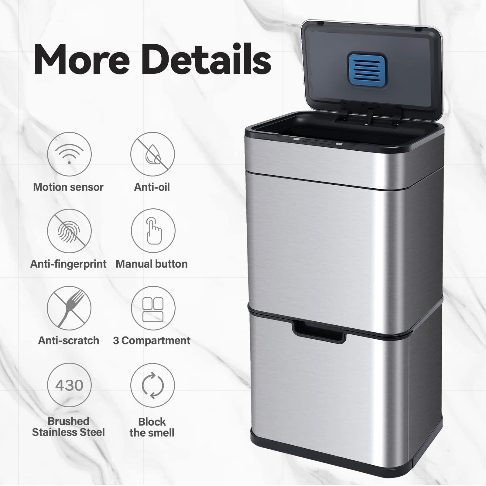 ELPHECO 13 Gallon Stainless Steel Automatic Motion Sensor Trash Can with 3 Compartment Bins - Touchless Kitchen Garbage Bin for Home, Office & Restaurant Use