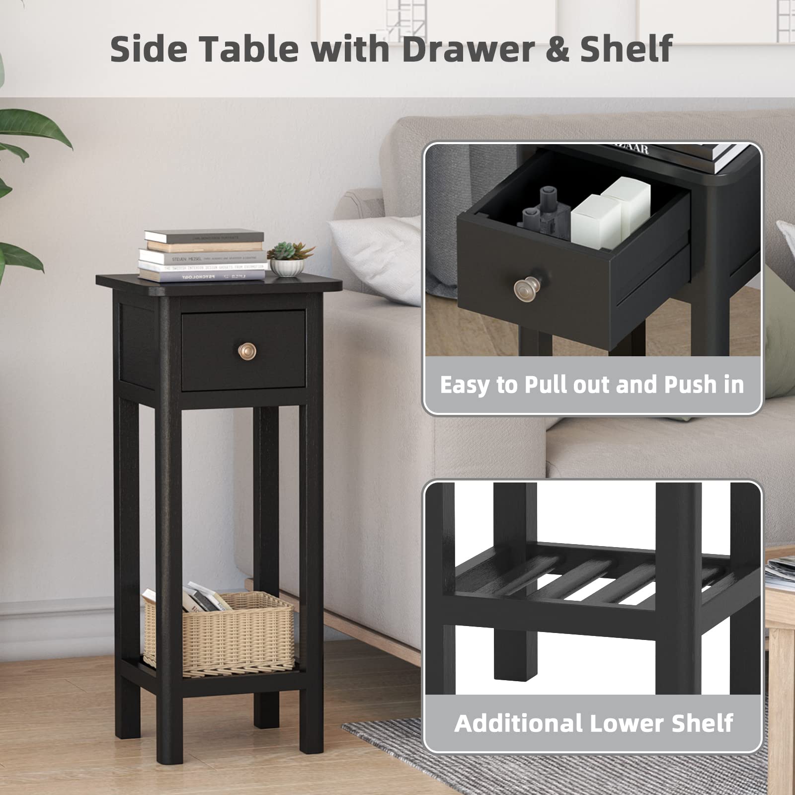 Giantex Set of 2 Tall Narrow End Tables with Drawer and Shelf - Acacia Wood Nightstand & Bedside Table for Small Spaces - No Assembly Required Black - Perfect for Living Room, Bedroom & Apartment Decor