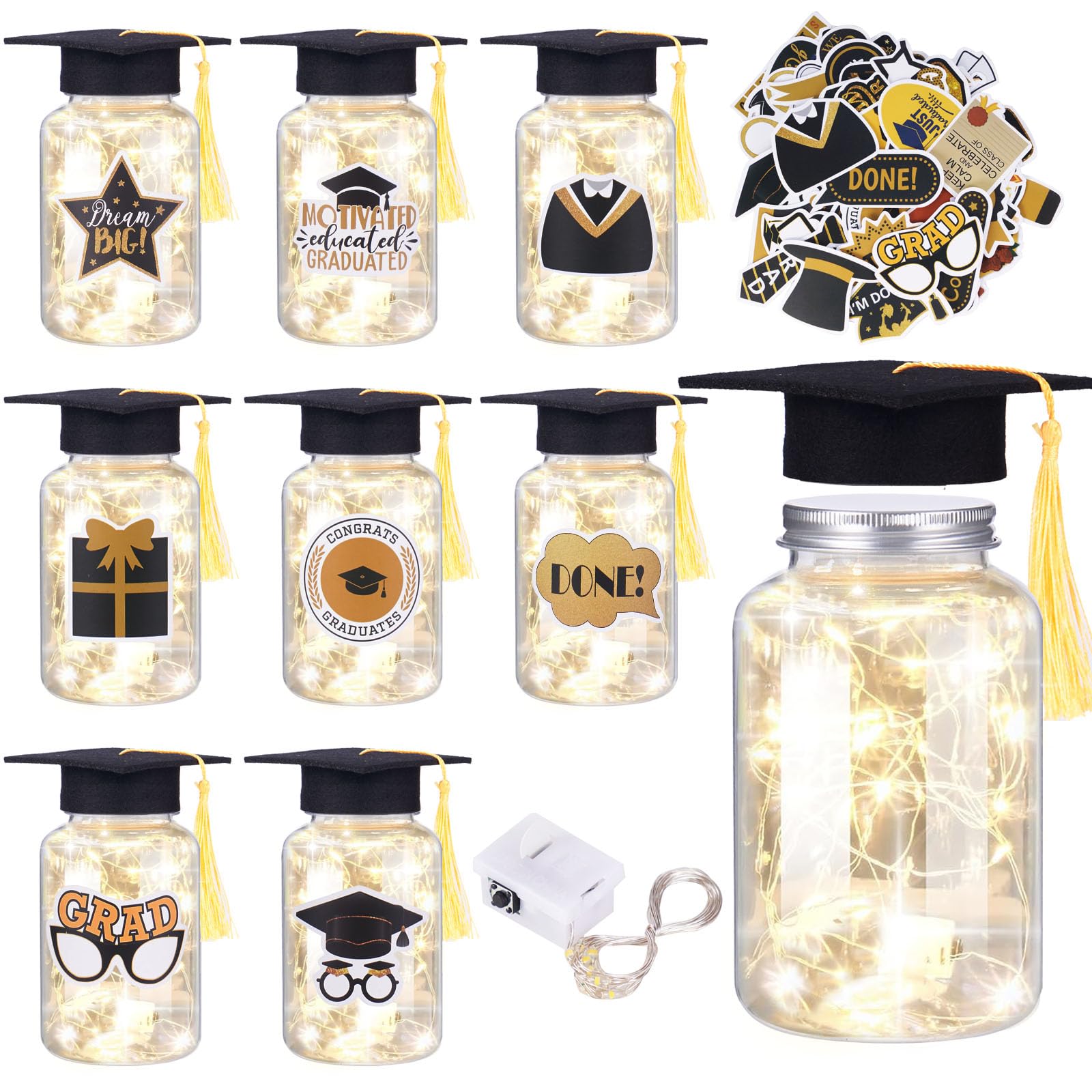8 Pcs Graduation Jar Decorations with LED Lights - Class of 2025 Graduation Party Decor Set with Gratitude Jars, Graduation Hats & Stickers - Perfect for Graduation Table Centerpieces, Dorm Room Decor & Celebration Gifts