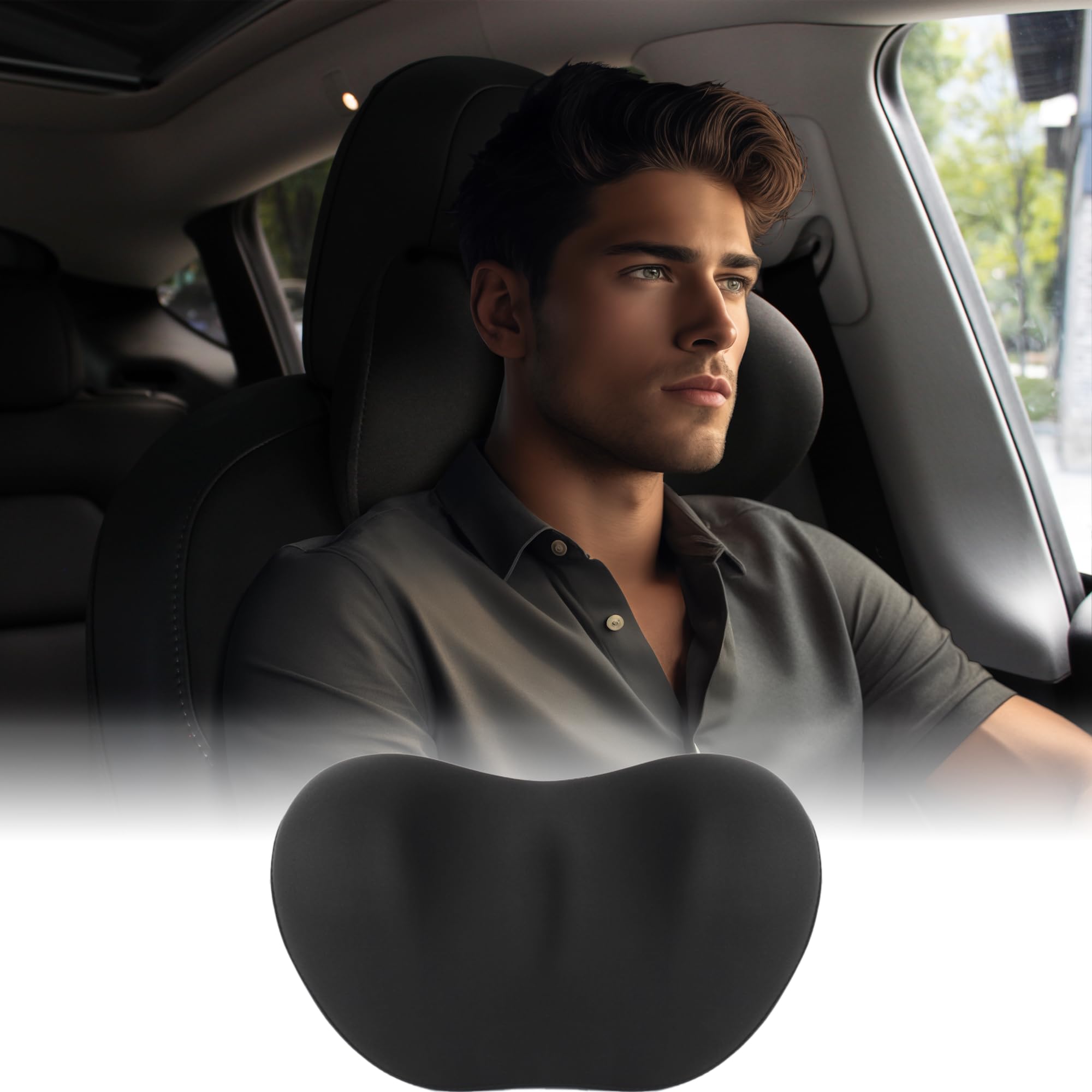 Tesla Model 3 & Y Headrest Pillow - Memory Foam Neck Support Pillow with Breathable Fabric for Pain Relief - Soft Car Accessories for Long Drives & Commuting (1 Pack, Black)