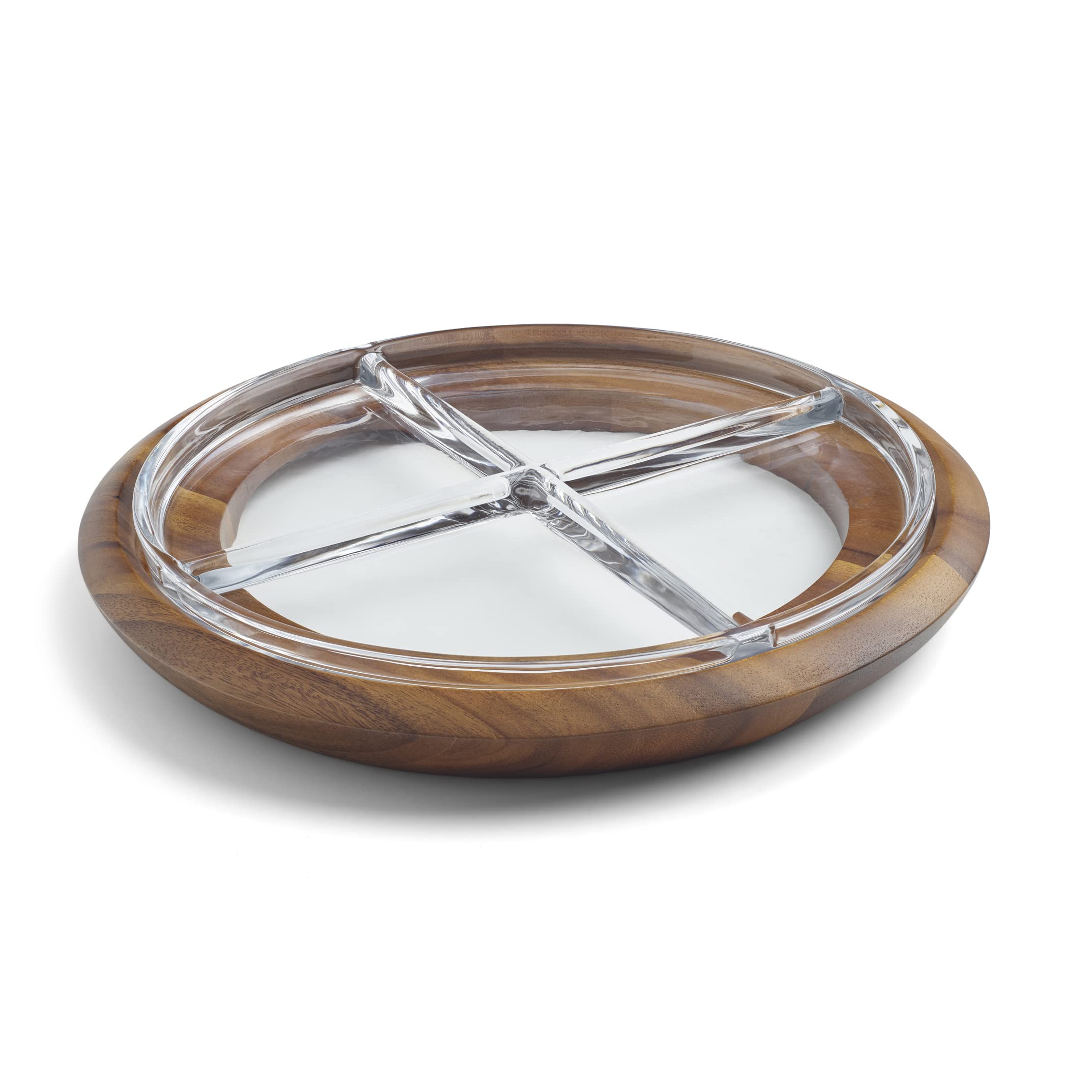 Nambe Cooper Crudité Tray - 13.75 Inch Acacia Wood & Glass Divided Serving Platter for Veggies, Snacks, Appetizers | Elegant Party & Entertaining Dish | Designed by Steve Cozzolino | Perfect for Dinner Parties, Charcuterie Boards & Holiday Gatherings