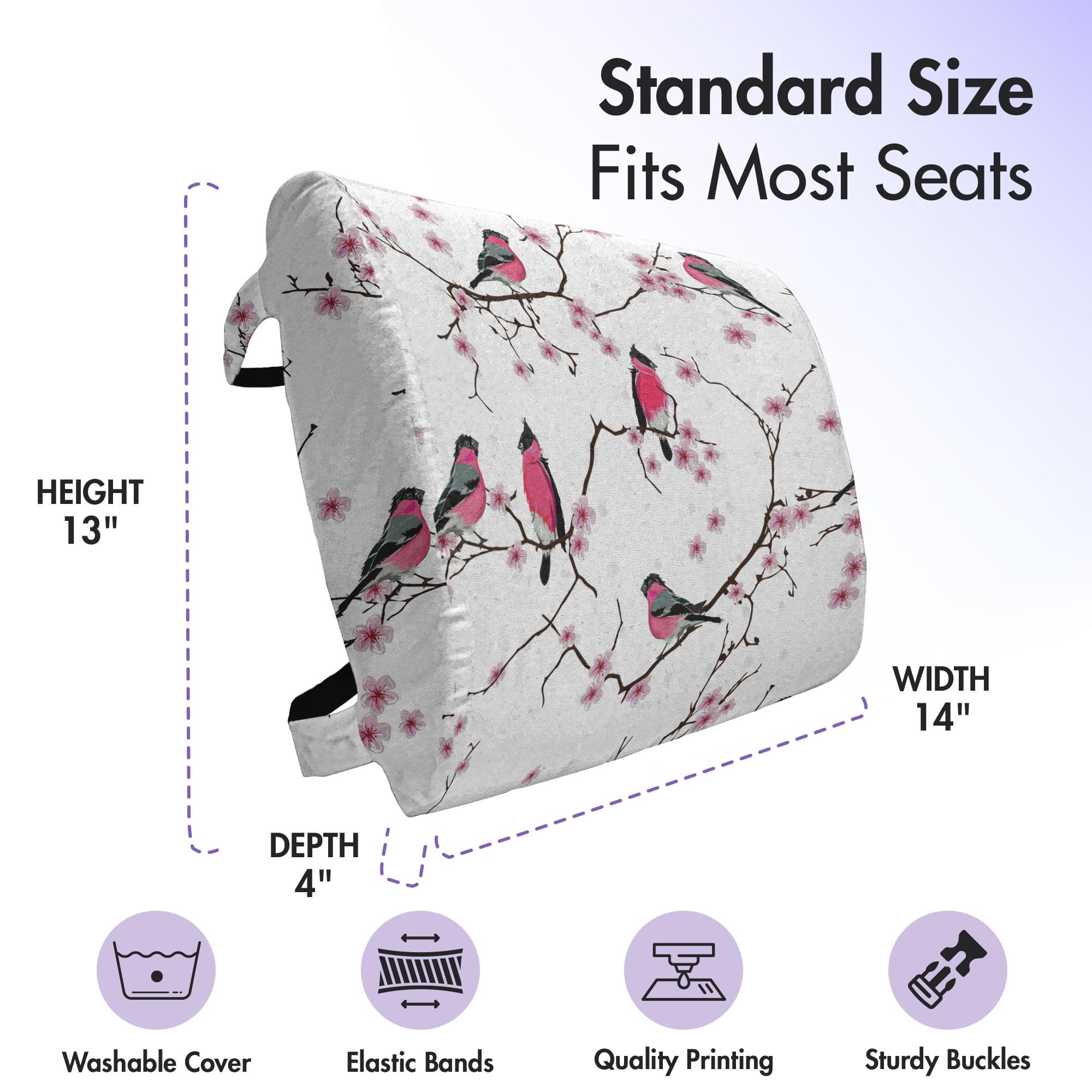 Ambesonne Lumbar Support Pillow for Office Chair & Car Seat - High Density Foam Back Cushion with Sakura Flowers & Bullfinch Birds Design, 14