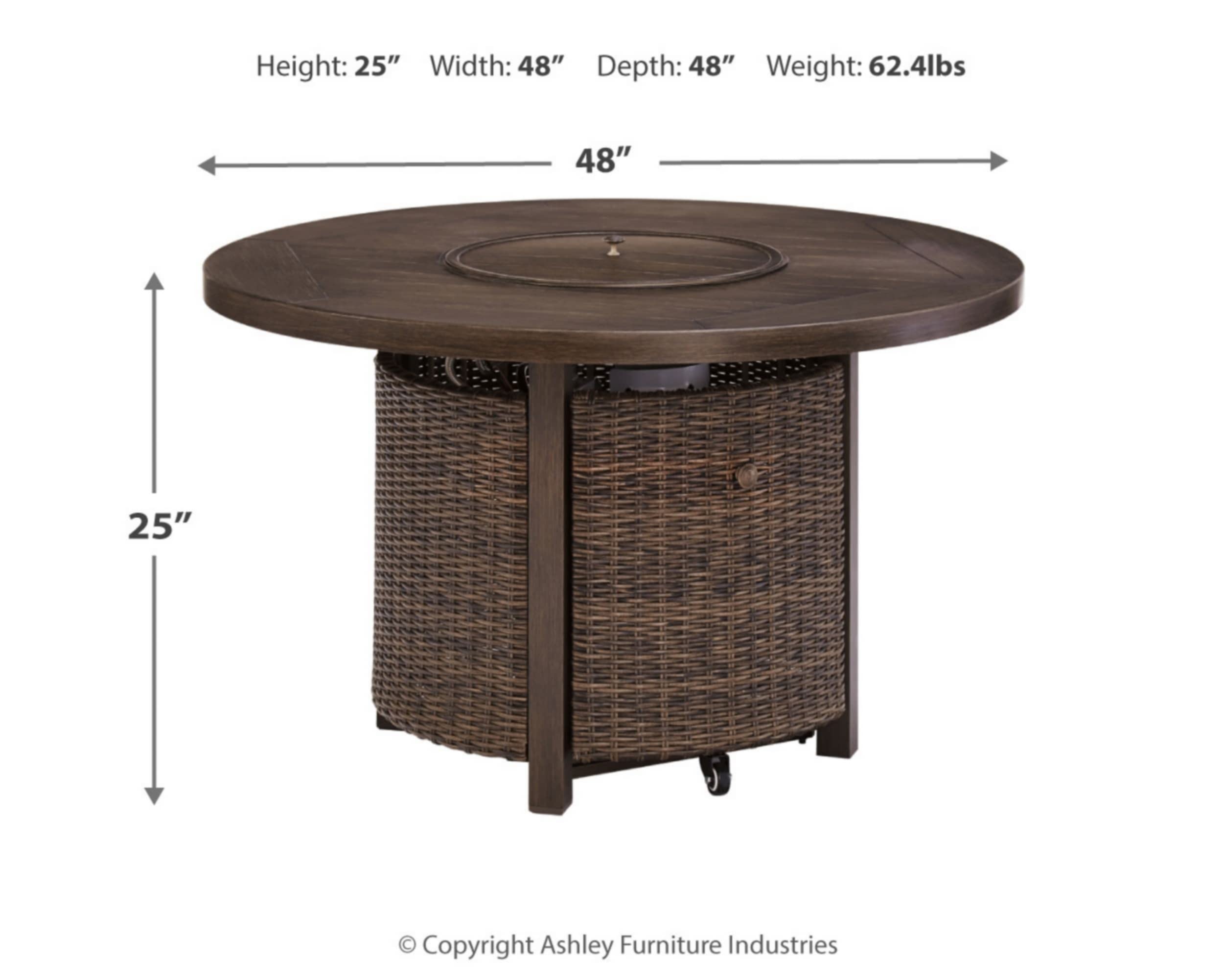Signature Design by Ashley Paradise Trail Outdoor Round Wicker Patio Fire Pit Table - Weather-Resistant Brown Rattan Fire Pit for Backyard, Garden & Poolside Gatherings