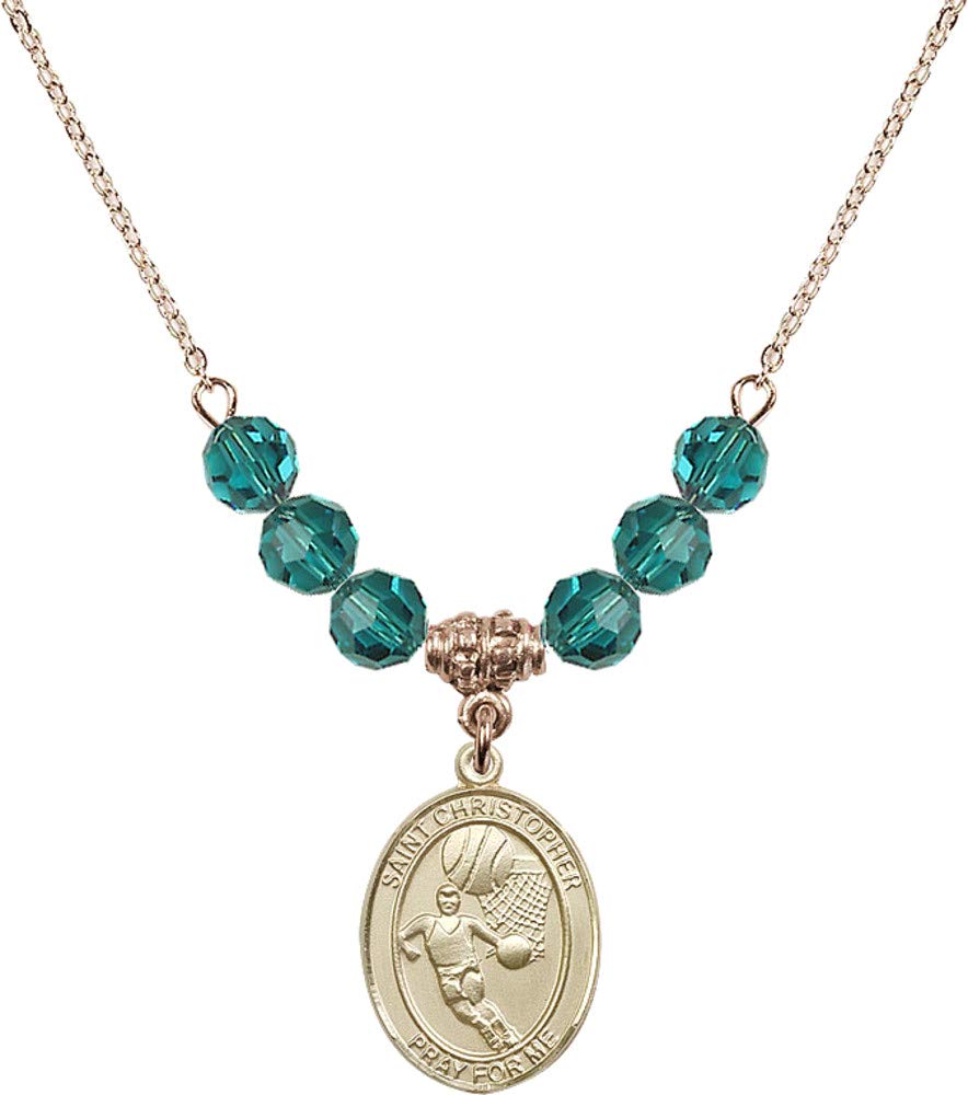 Bonyak 18K Gold Plated Hamilton Necklace with 6mm Blue December Birthstone Beads & Saint Christopher/Basketball Charm - Perfect for Birthdays, Gifts & Everyday Wear
