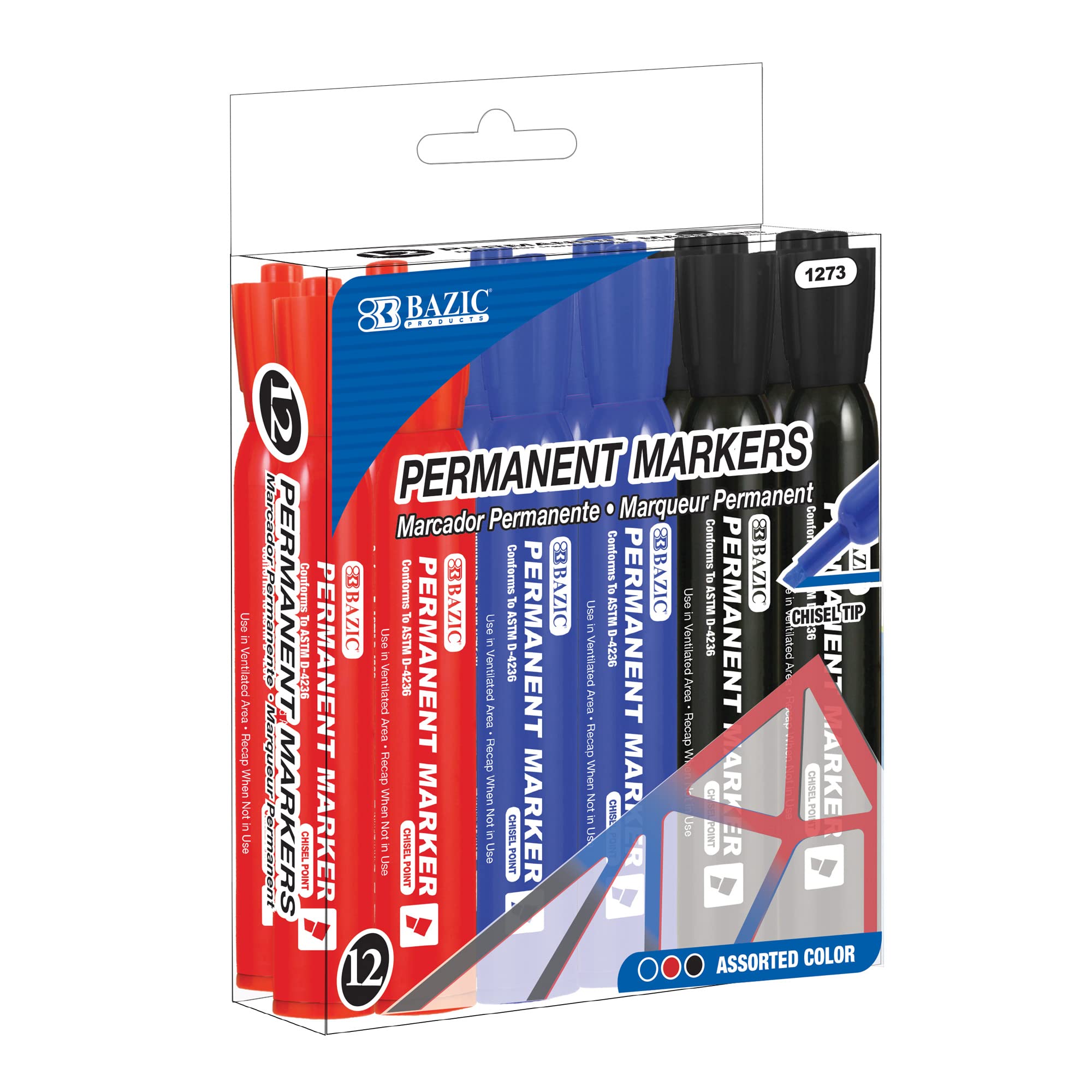 BAZIC 12-Pack Assorted Color Chisel Tip Permanent Markers for Office, School, Art Projects & DIY Crafts - Bold & Long-Lasting Ink for Whiteboards, Glass, Plastic & More