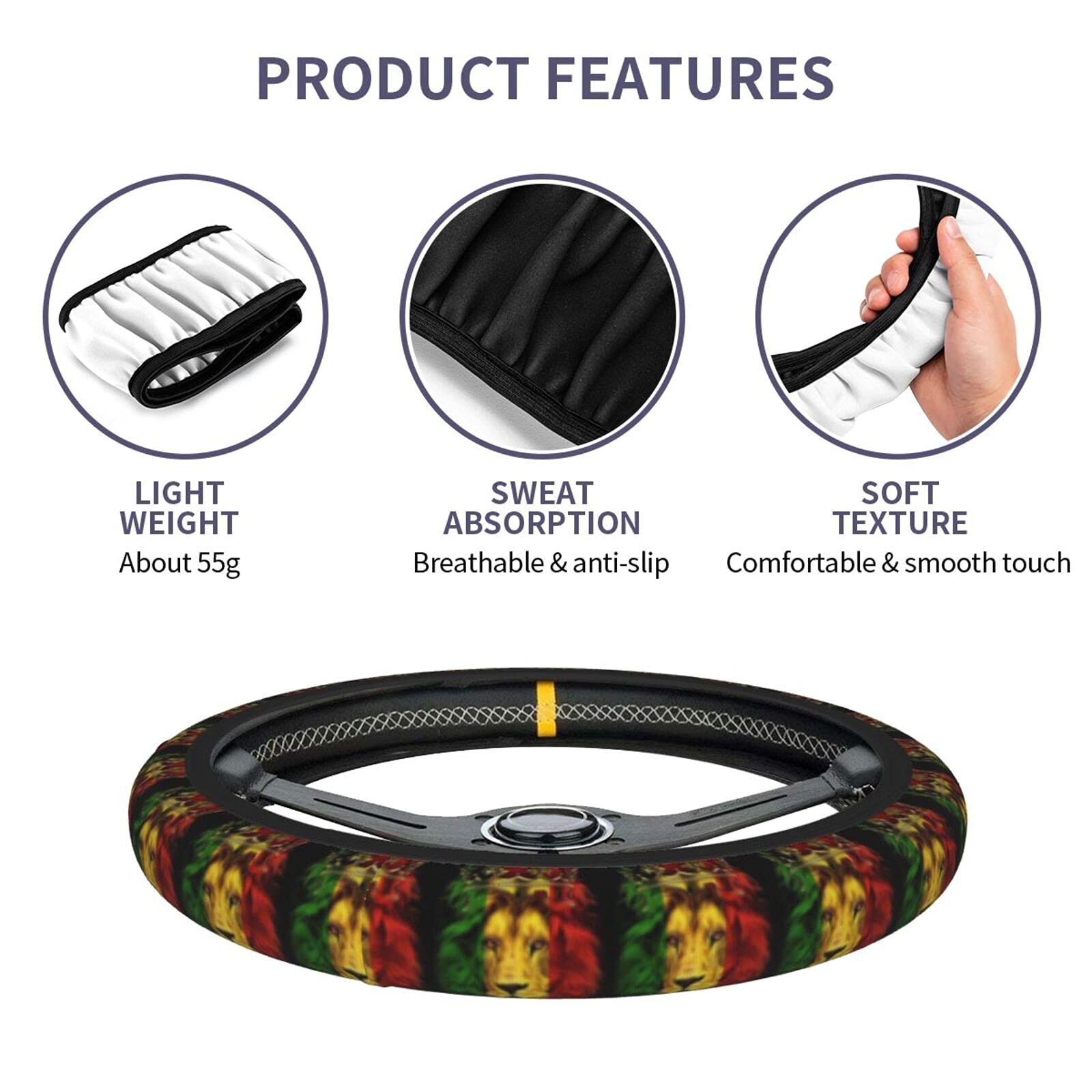Jamaican Rasta Reggae Judah Lion Steering Wheel Cover - Anti-Slip Breathable Universal Fit (15 Inch) for Pickup Trucks, SUVs & Cars | Perfect for Road Trips & Daily Commutes