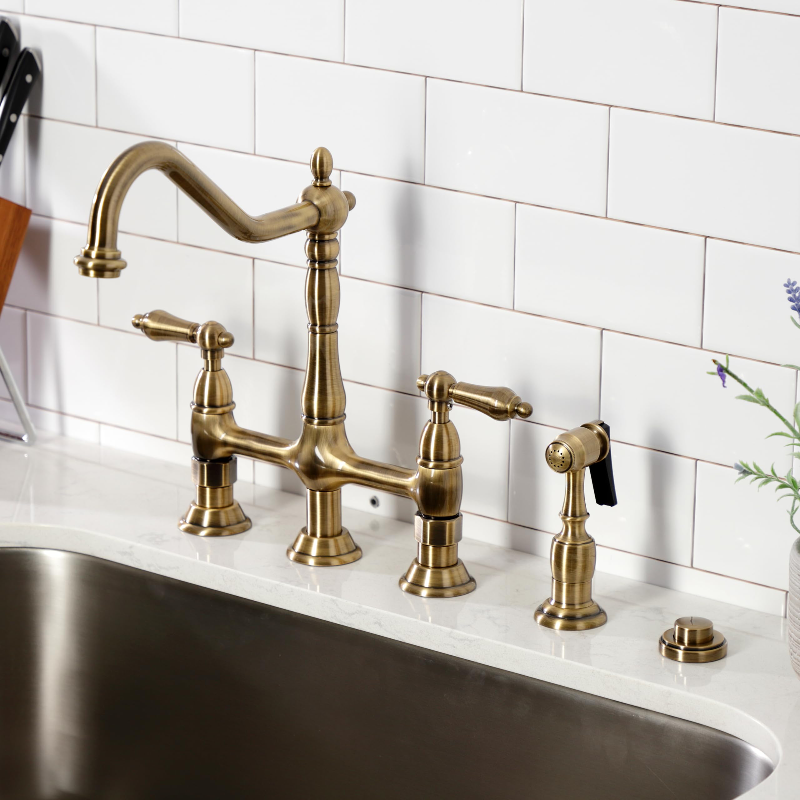 Kingston Brass KS1273ALBS Heritage 8-Inch Kitchen Bridge Faucet with Brass Sprayer - Antique Brass Finish - Perfect for Farmhouse, Vintage & Traditional Kitchen Sinks