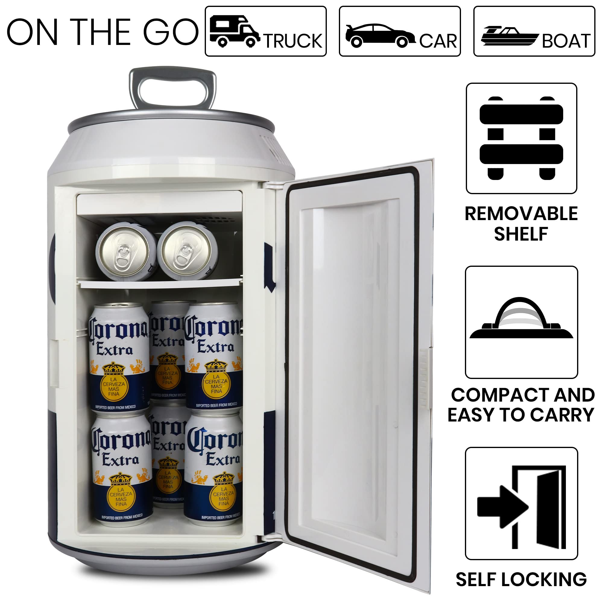 Koolatron Corona 12 Can Portable Mini Fridge - 10L (10.6 qt) Compact Cooler with Dual Power (12V DC & 110V AC) - White Beer Can Shaped Refrigerator for Drinks, Snacks & Lunch - Perfect for Travel, Home, Office, Dorm & RV Camping