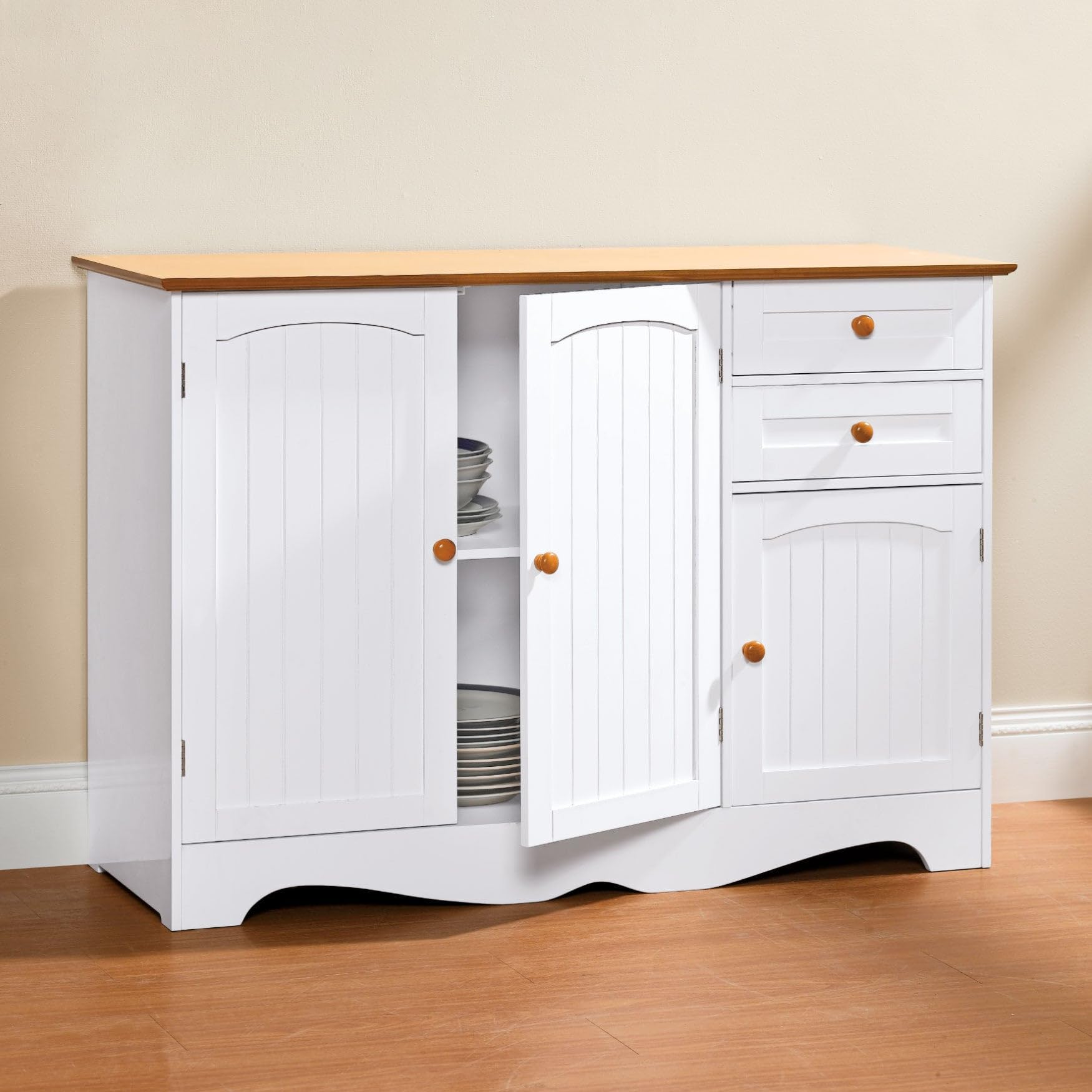 BrylaneHome Country Kitchen Buffet - White Honey Finish Sideboard for Dining Room | Farmhouse Style Storage Cabinet with Drawers & Shelves | Perfect for Entertaining & Kitchen Organization