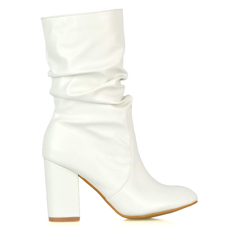 Women's Mid Calf High Heel Boots - Winter Faux Suede Pull On Booties with Ruched Detail | Perfect for Office, Date Night & Cold Weather Fashion