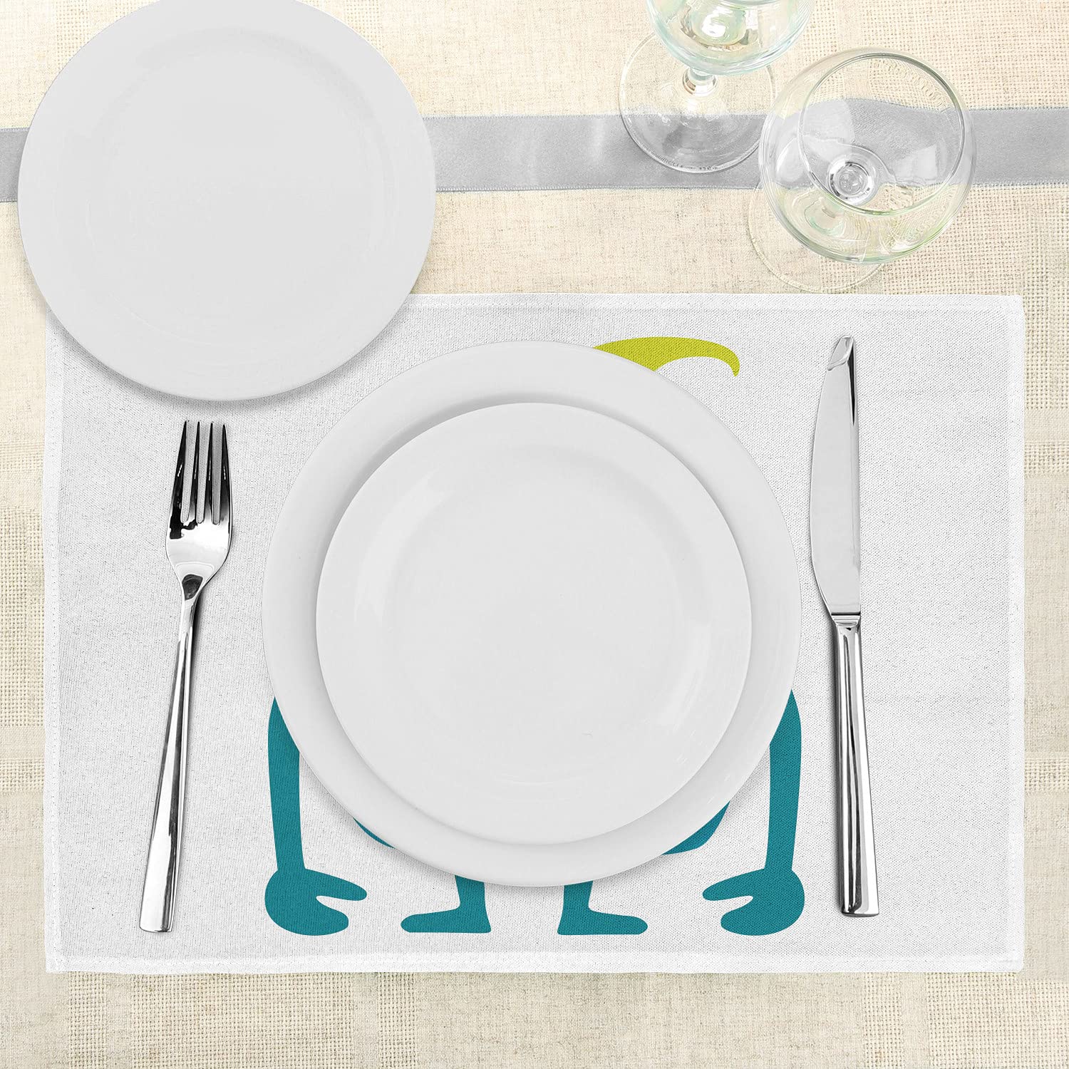 Ambesonne Alien Place Mats Set of 4 - Halloween Themed Cartoon Character Washable Fabric Placemats for Dining Table, Standard Size (Petrol Blue, Beige, Yellow, Green, Charcoal Grey) - Perfect for Halloween Parties, Kids' Meals, and Themed Dining Decor