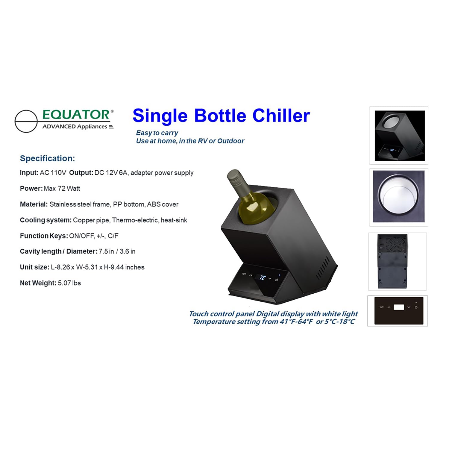 Equator 110V/12V Portable Electric Wine Chiller - Single Bottle Cooler for Red, White Wine & Water (750mL) | Rechargeable Stainless Steel Body | 24-Hour Cooling | Perfect for Parties, Picnics, Camping & Gifts (Black)
